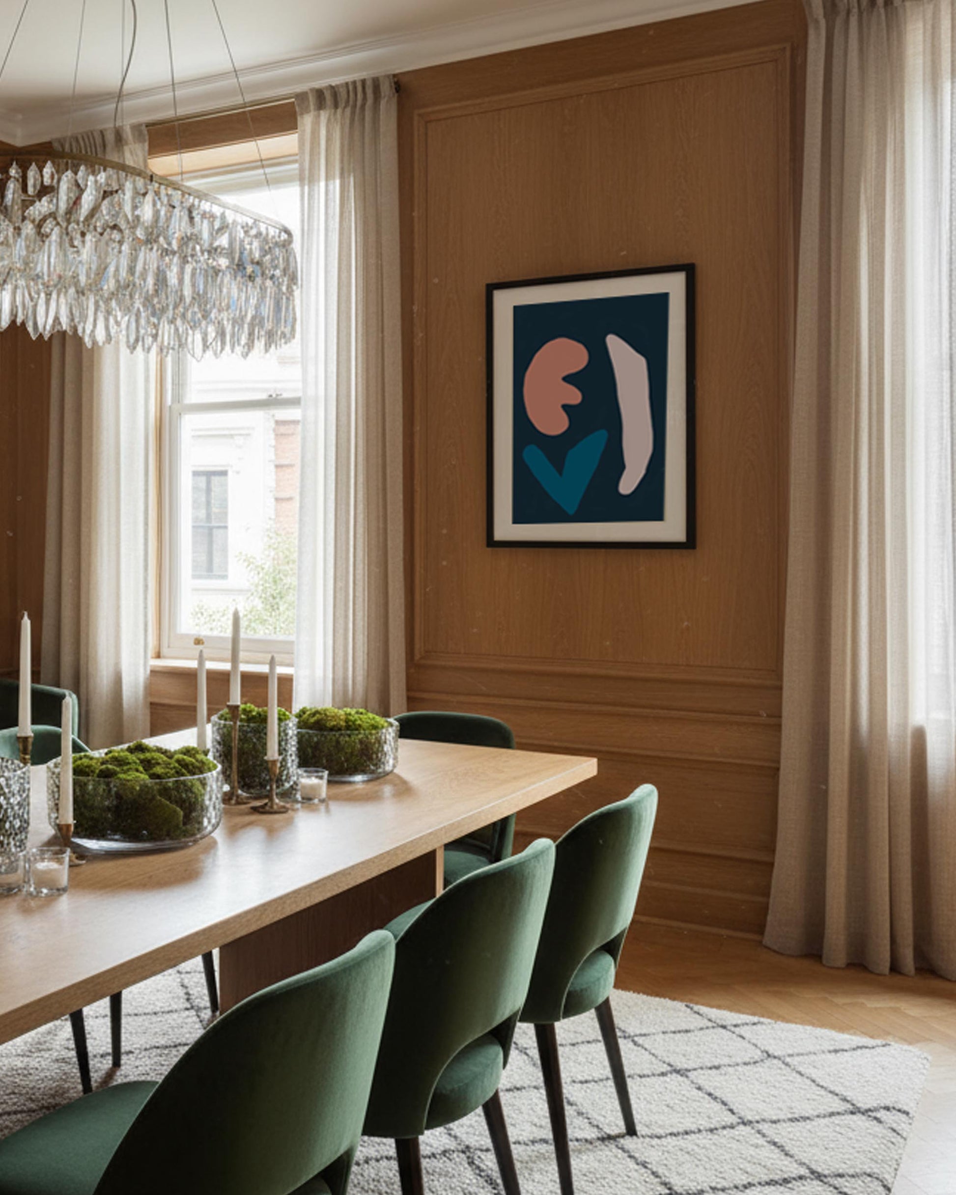 Dining room with a wooden table, green chairs, and abstract art on the wall.