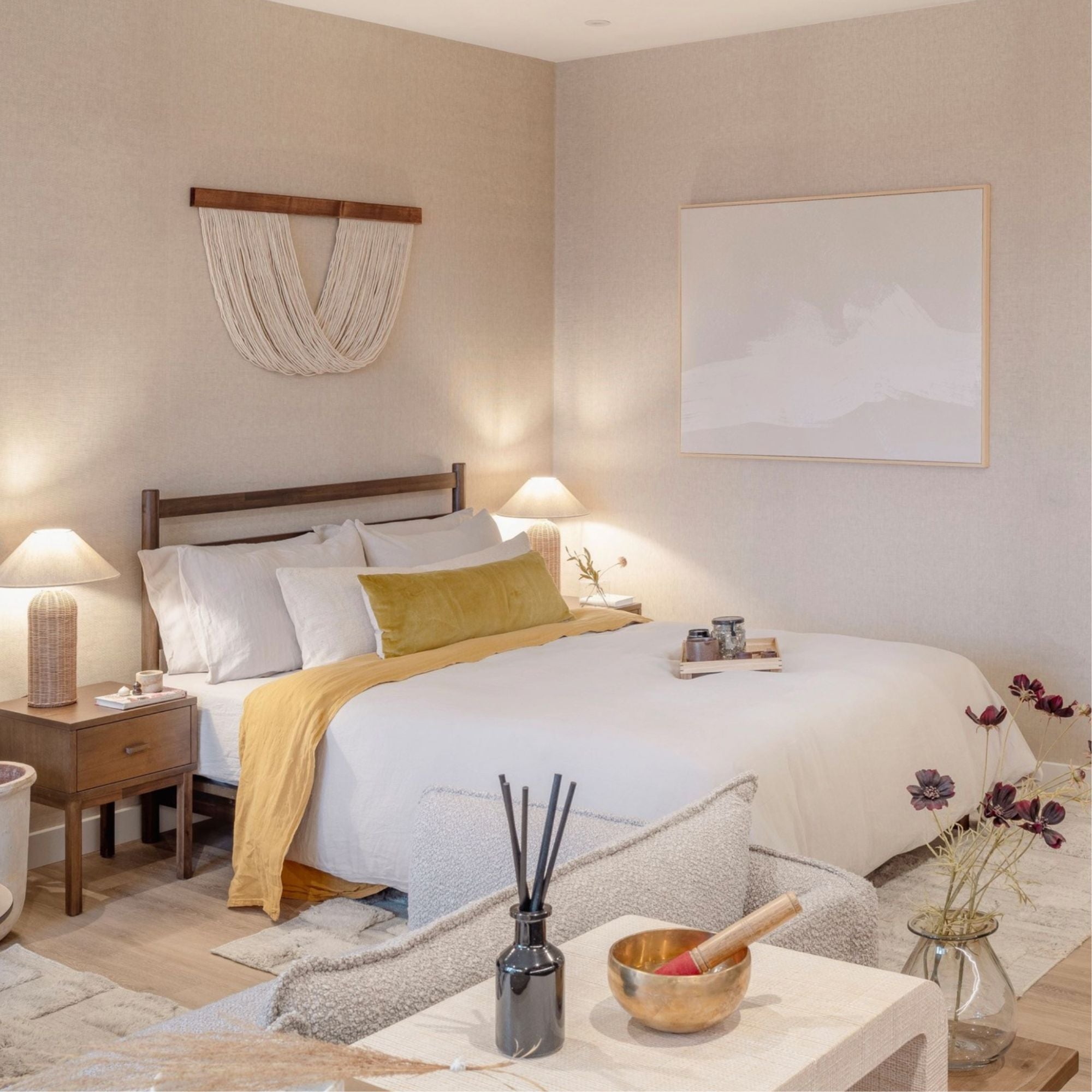 Extra large neutral abstract sands wall art print on canvas in luxury aesthetic refined bedroom with beige walls and luxury accessories.