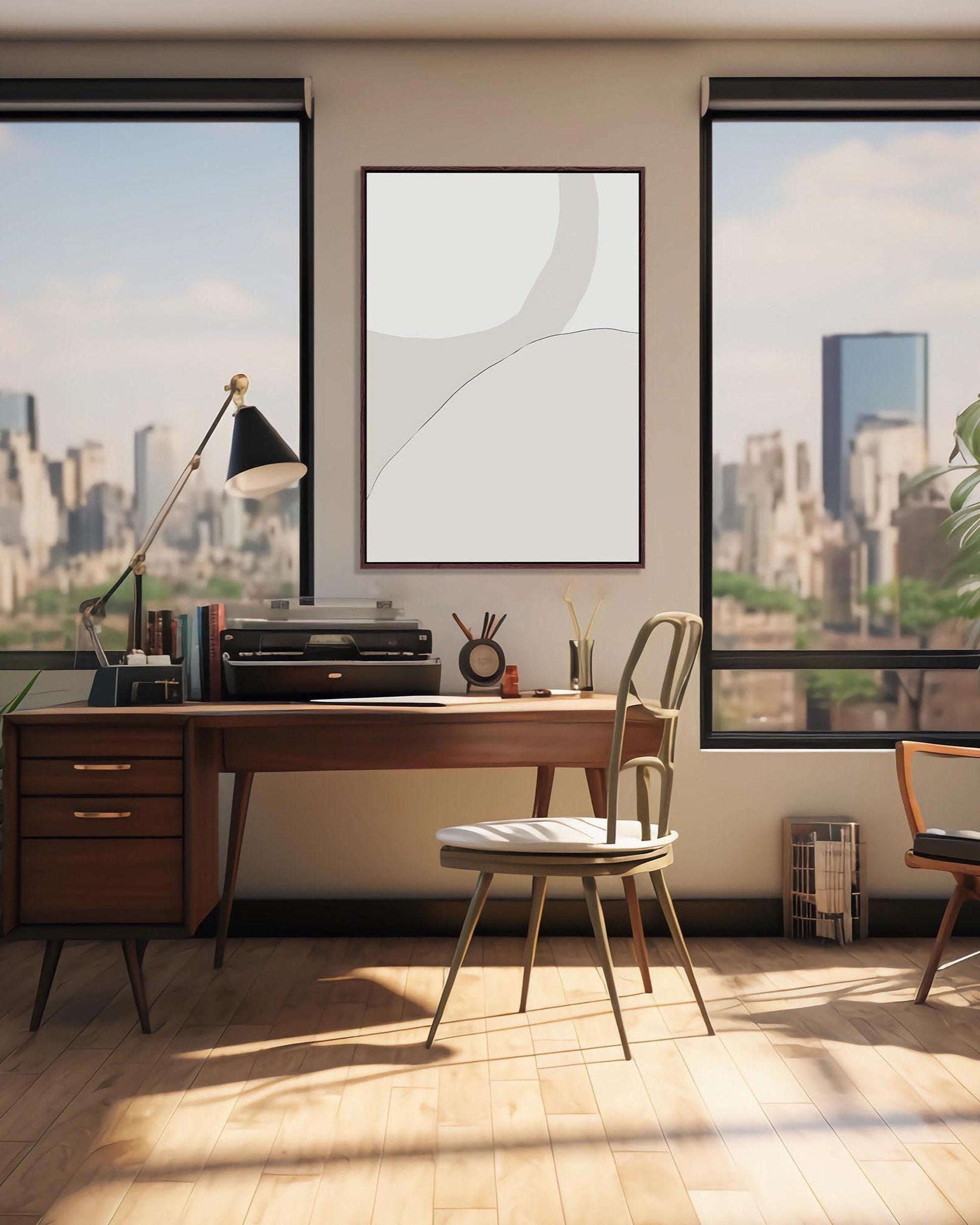 Modern home office with wooden desk, chair, and cityscape view