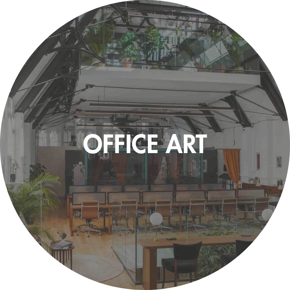 Large modern office interior with desks and chairs, with modern sustainable wall art on the walls, featuring the text 'OFFICE ART'.