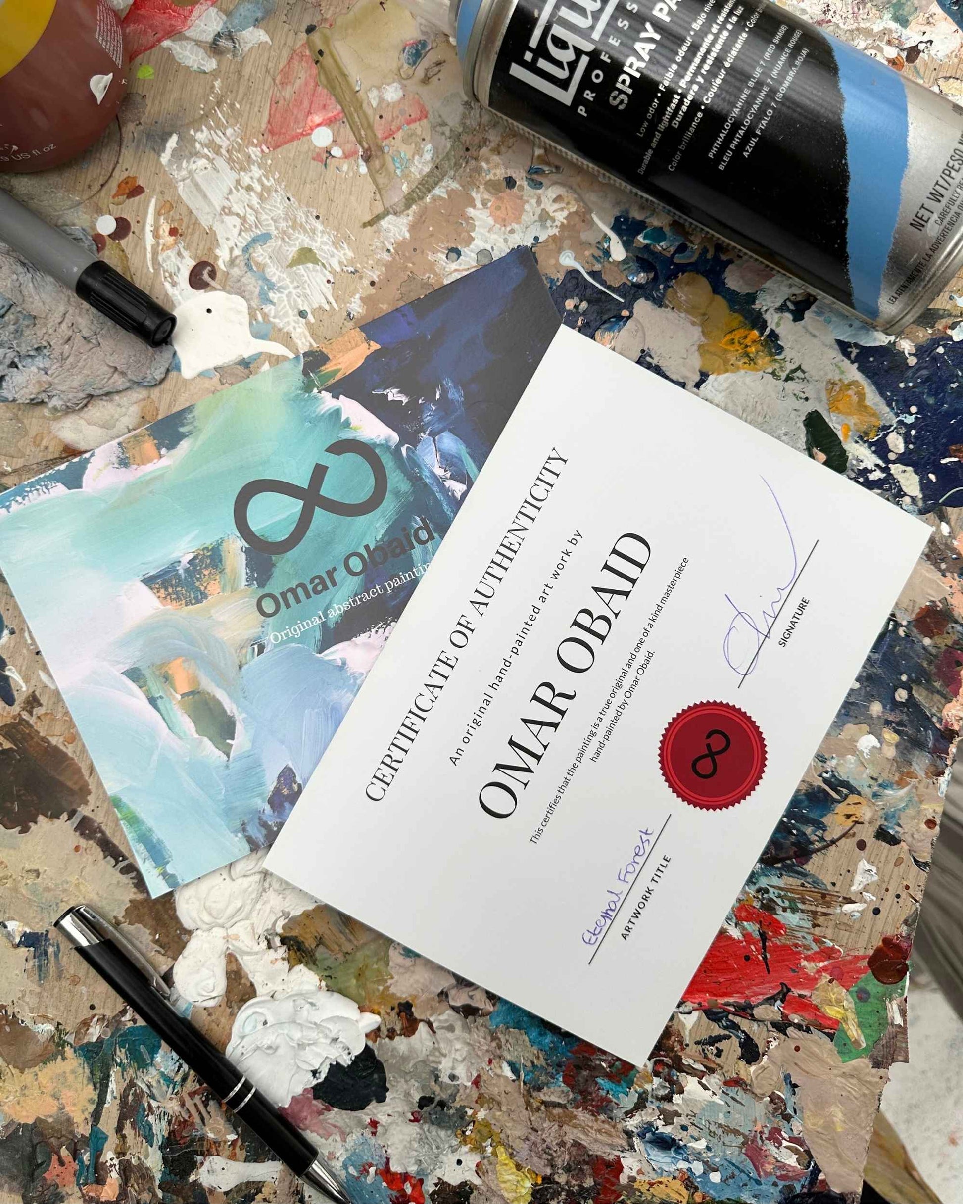 Signed certificate of authenticity by London abstract artist Omar Obaid.Oil painting on canvas.
