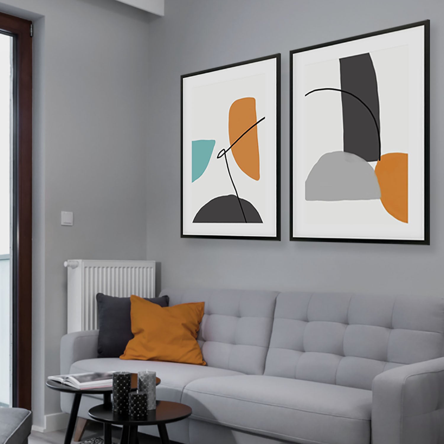 Grey And Orange Shapes - Print Set Of 2-framed-Wall Art Print Set Of 2-Abstract House