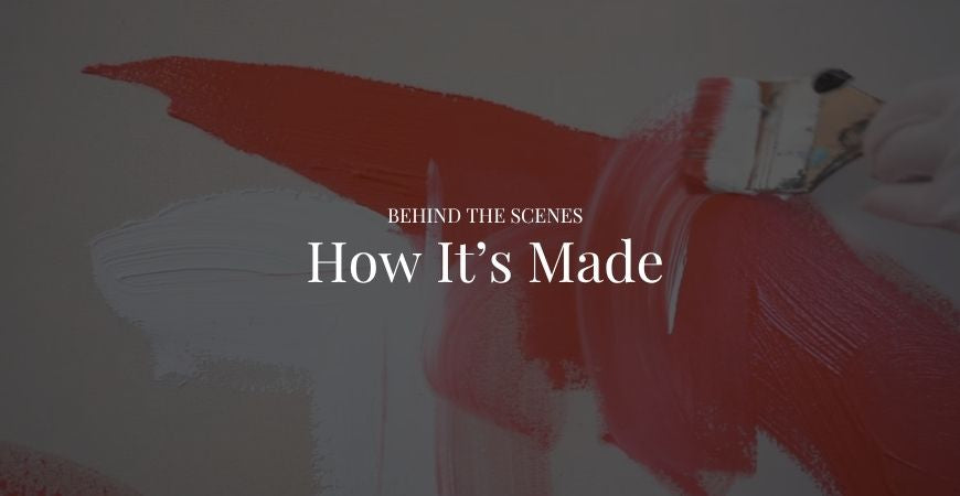 original authentic Painting in London art studio Abstract House, with a brush showing 'Behind the Scenes How It's Made'.