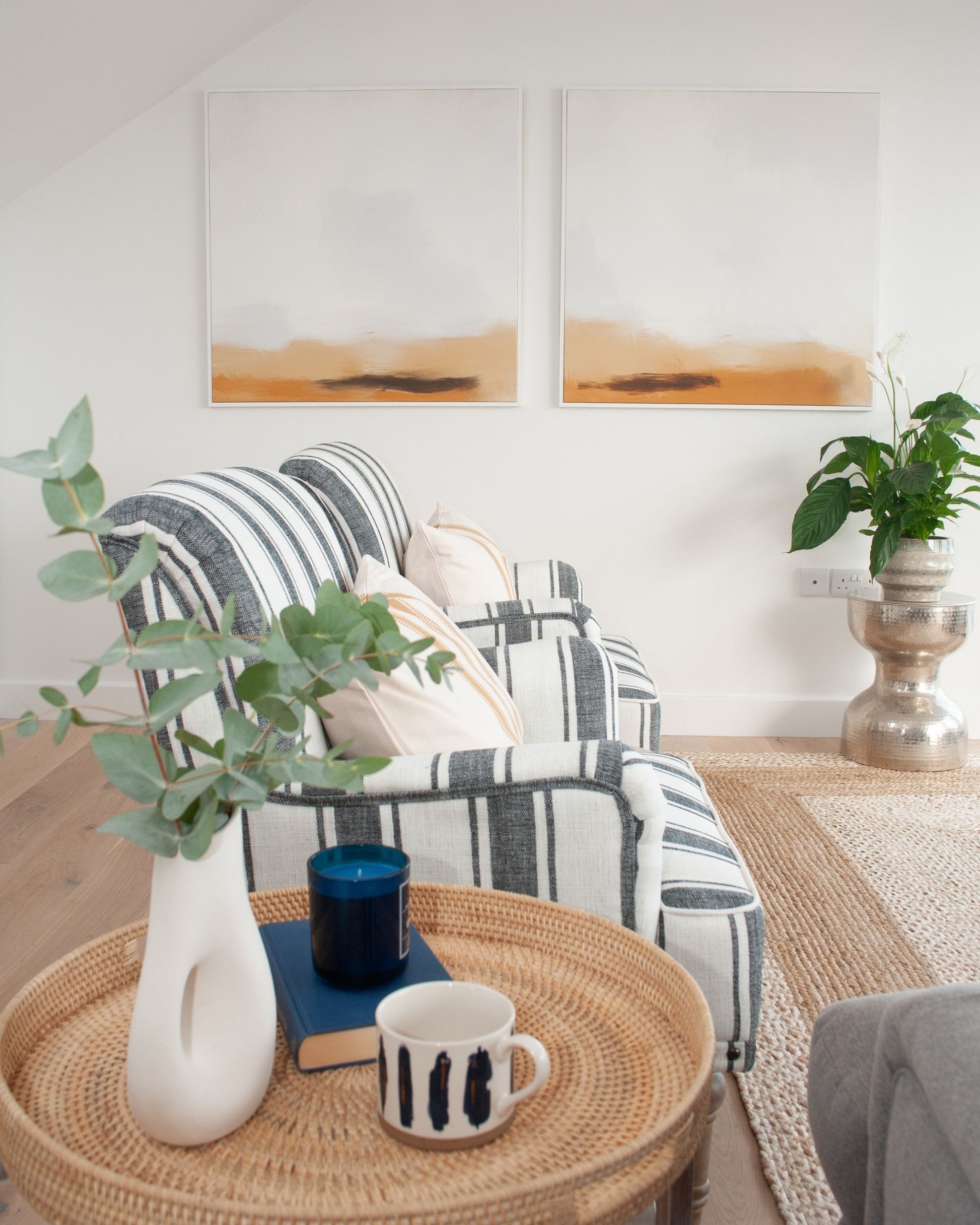 Neutral desert fog canvas set of 2 pictures, modern minimal abstract wall art print set large 