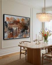 Dining room with a marble table, chairs, extra large original abstract painting, oil painting and chandelier.