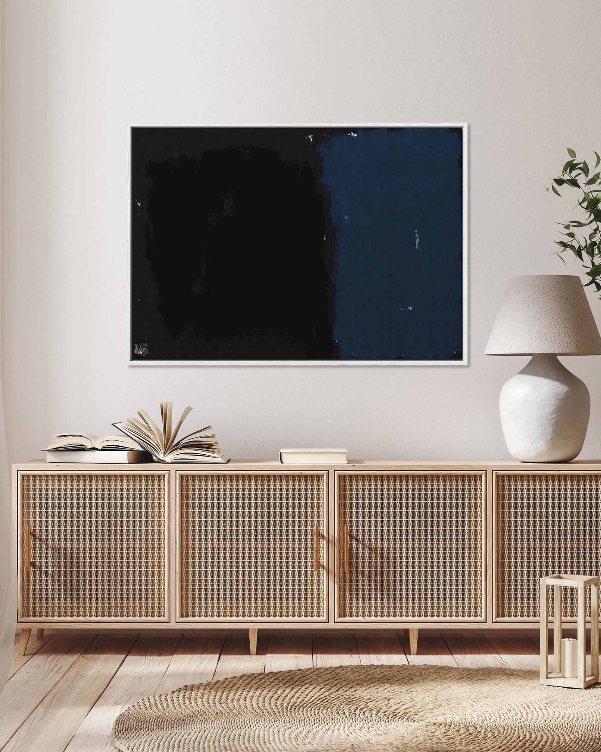 Wooden cabinet with decorative items in a living room setting