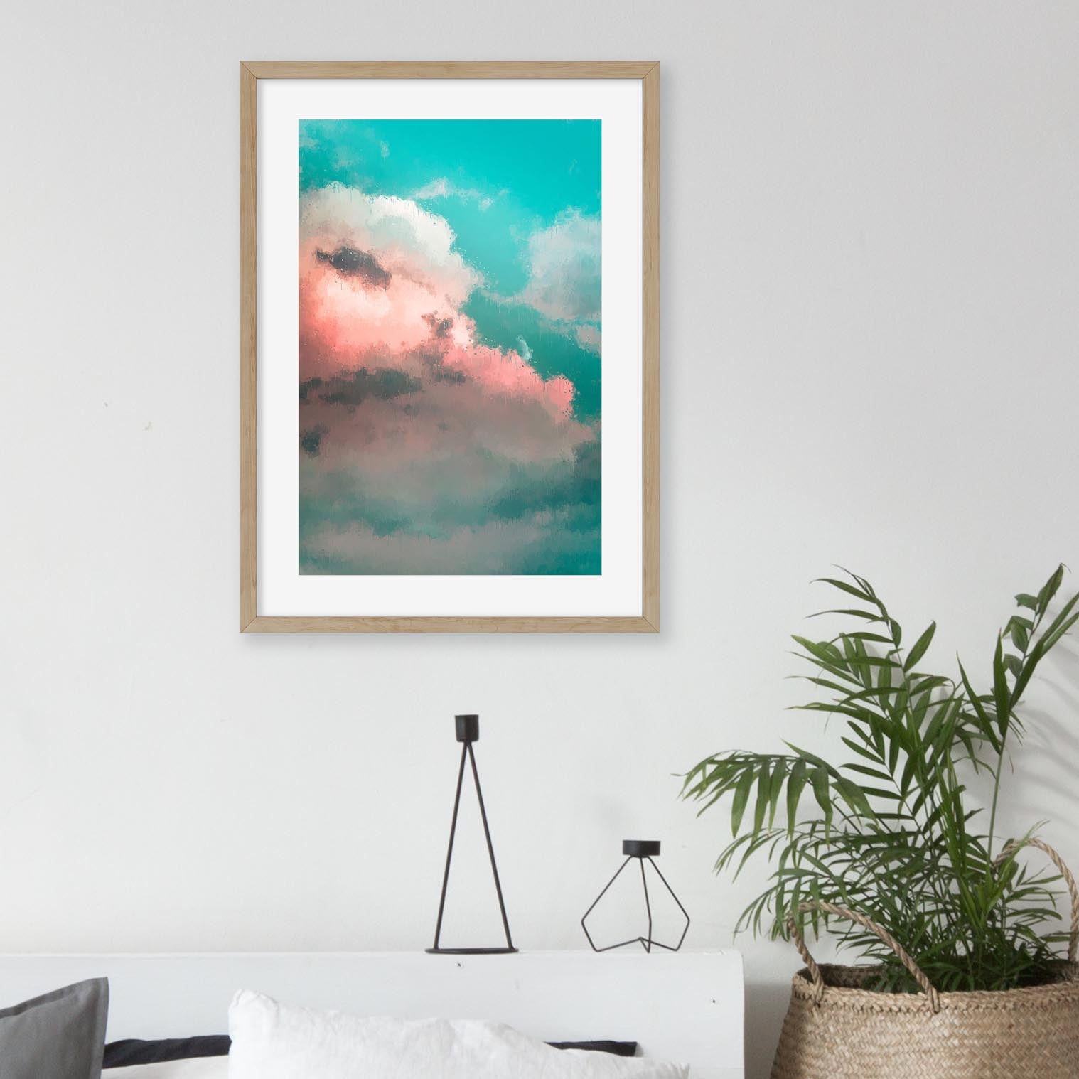 Pink And Teal Sky Art Print-Abstract House