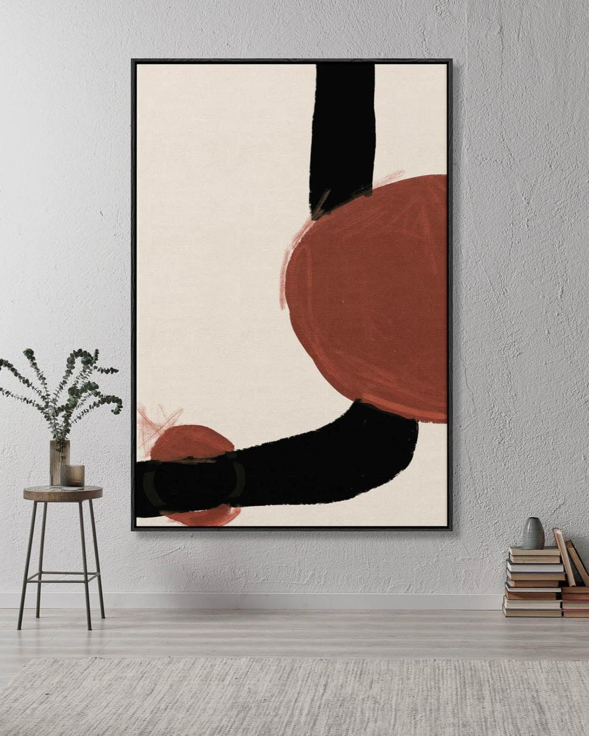 Abstract art print with geometric shapes in a modern interior setting