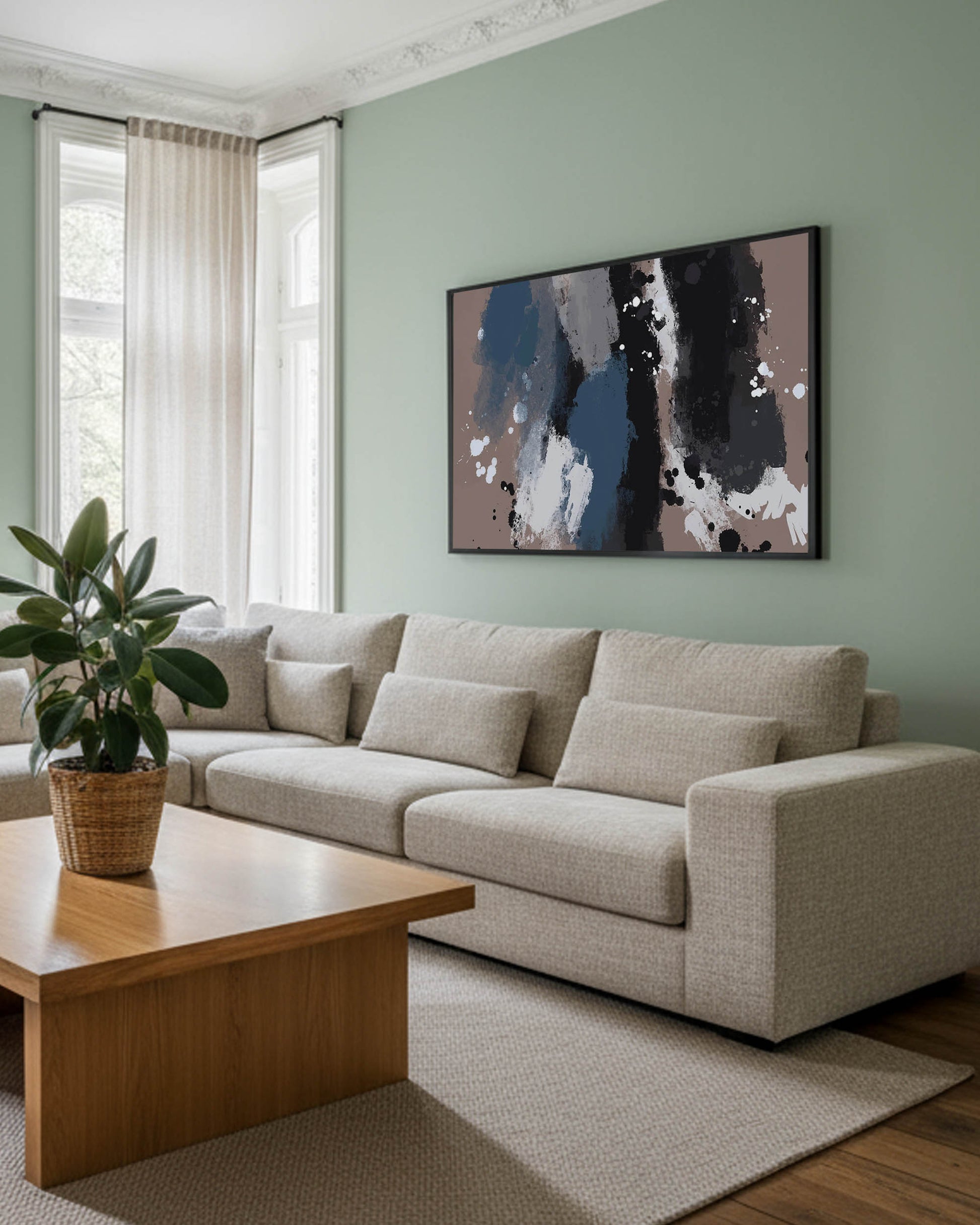 Living room with a beige sectional sofa, wooden coffee table, and abstract art on the wall.