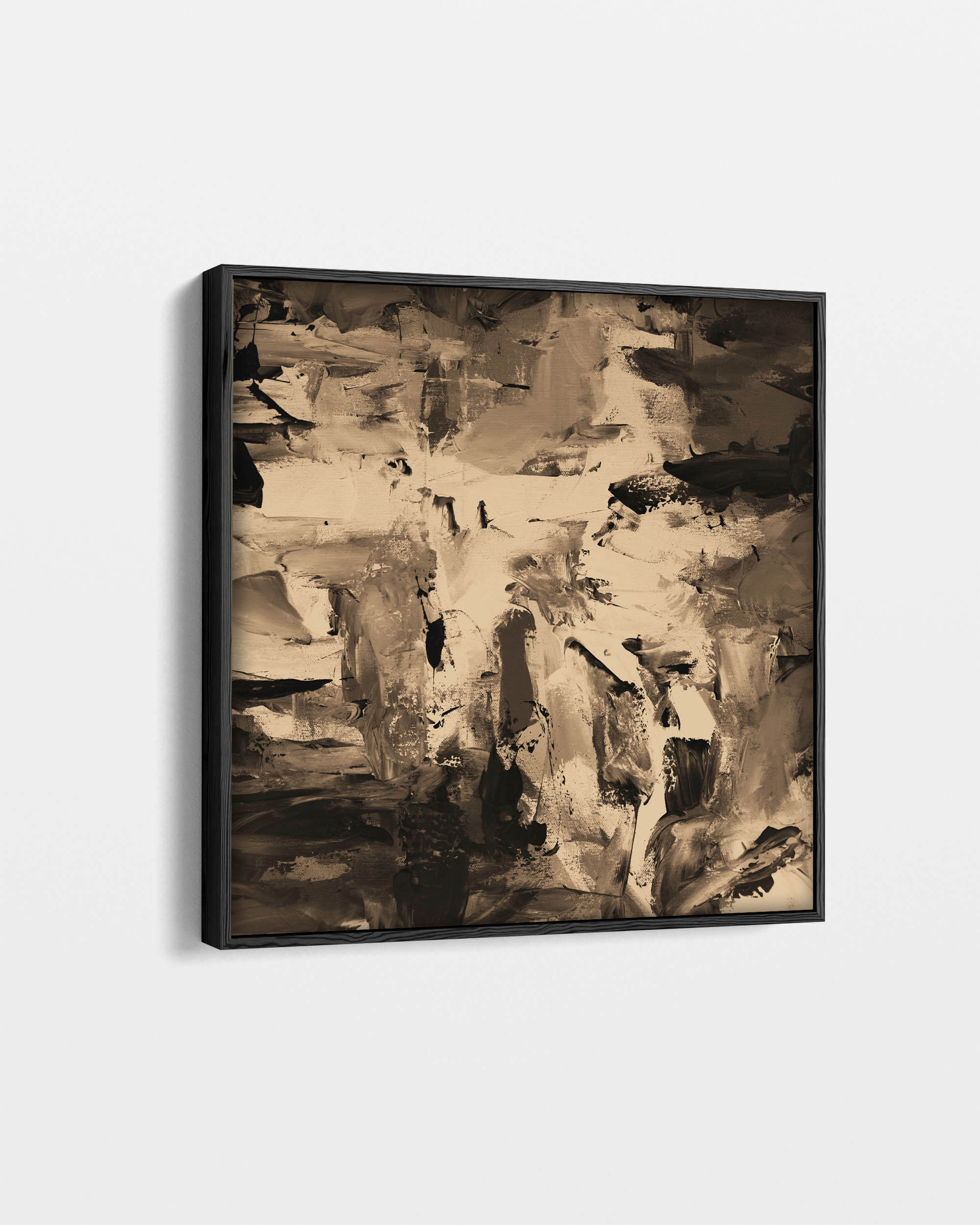 Abstract art painting in black, white, and beige tones on a white background