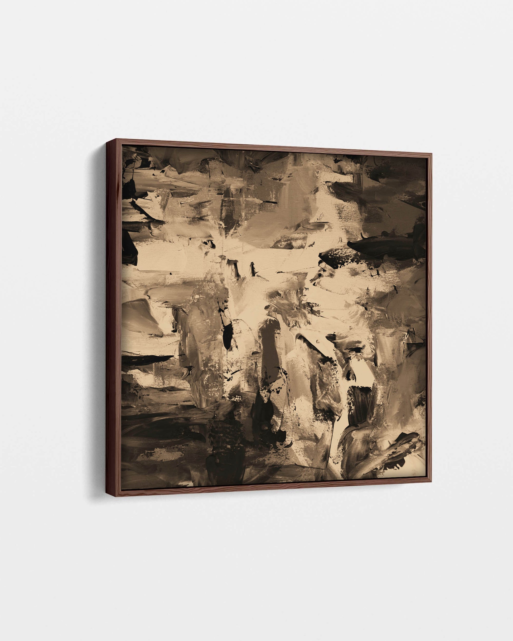 Abstract art painting in a brown frame on a light gray background