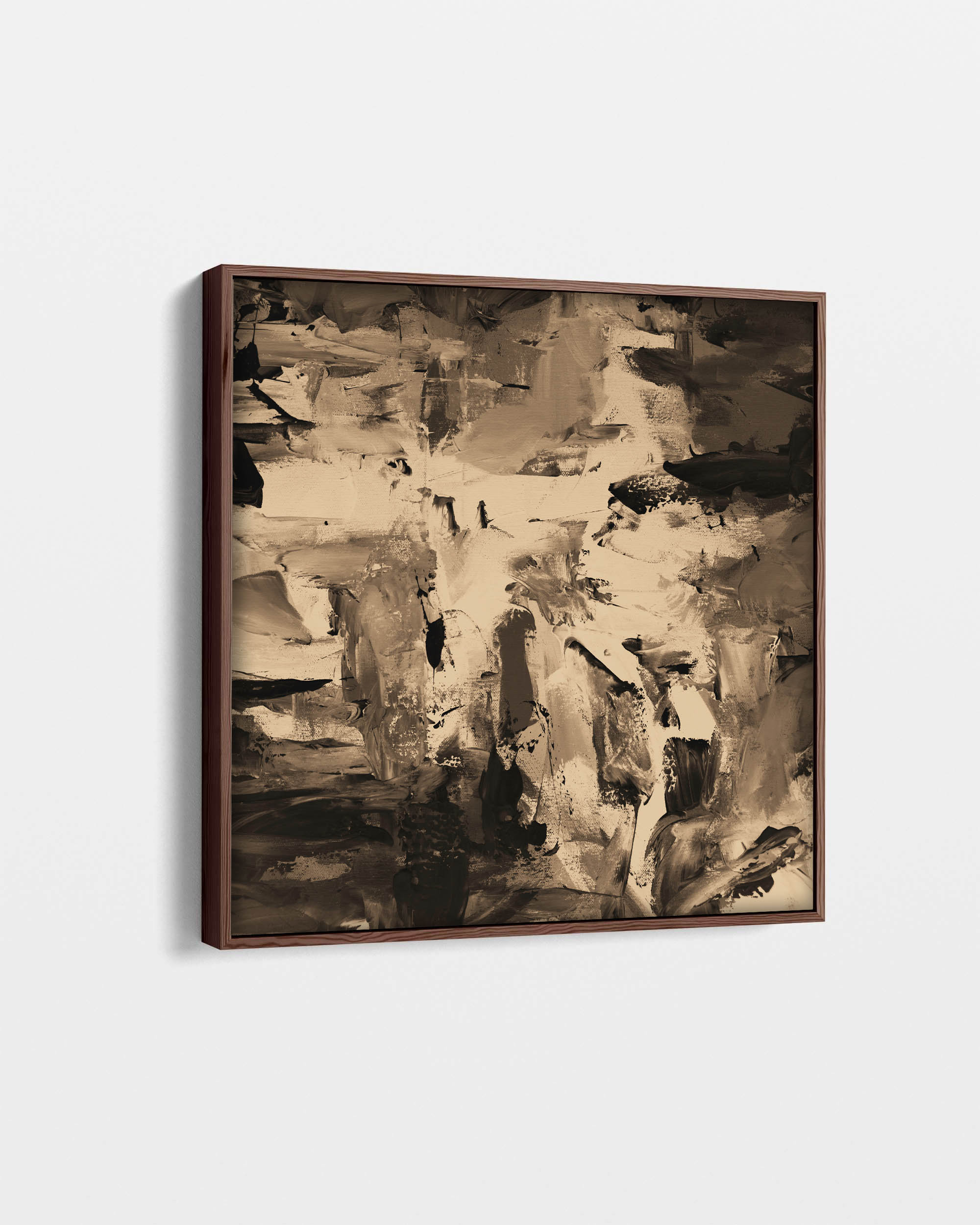 Abstract art painting in a brown frame on a light gray background