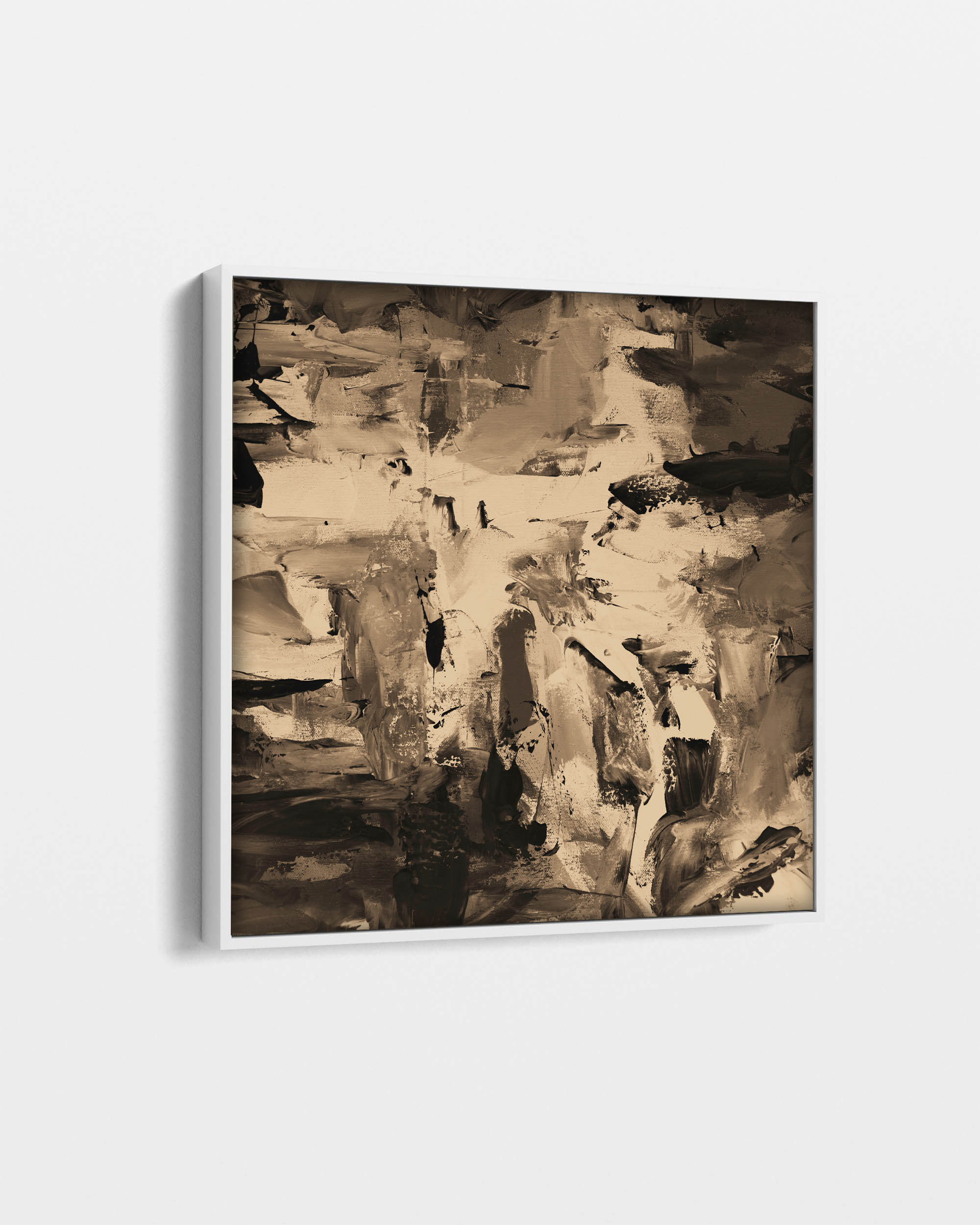 Abstract art painting in brown and beige tones on a white background