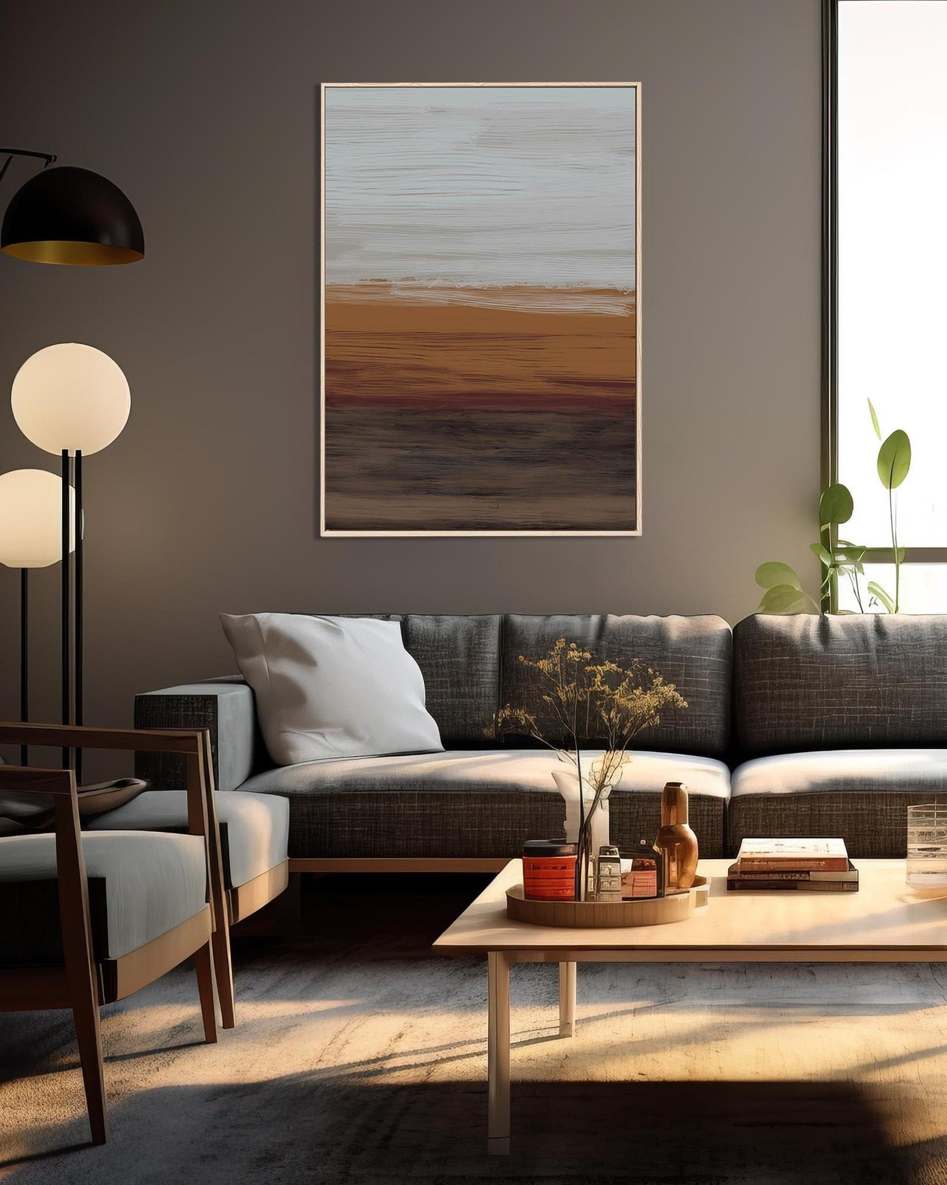 Modern living room with gray sofa, coffee table, and abstract painting on wall.