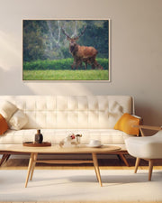 Living room with a deer painting on the wall, beige sofa, and armchair.