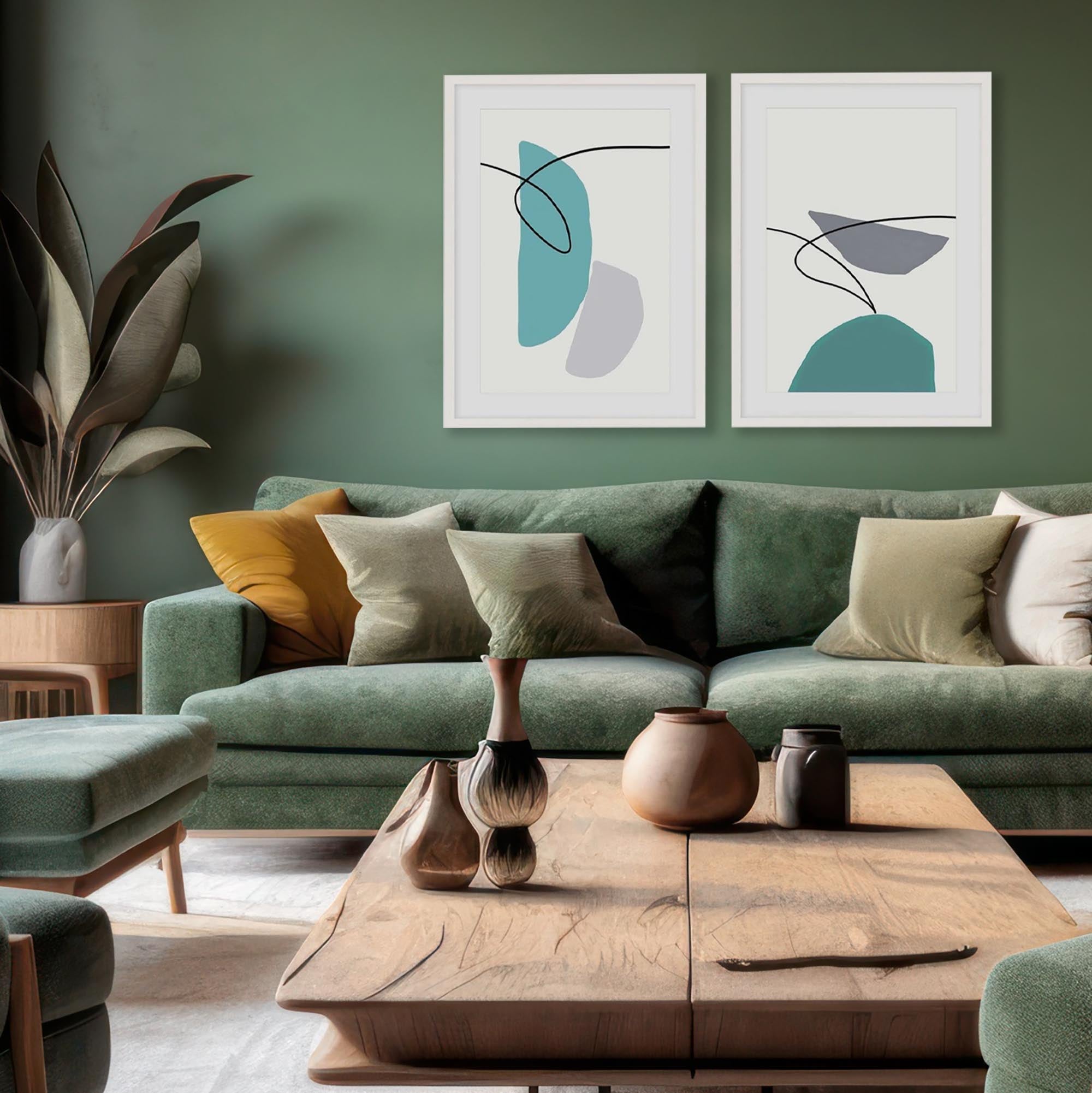 Teal And Grey Shapes - Print Set Of 2-Abstract House