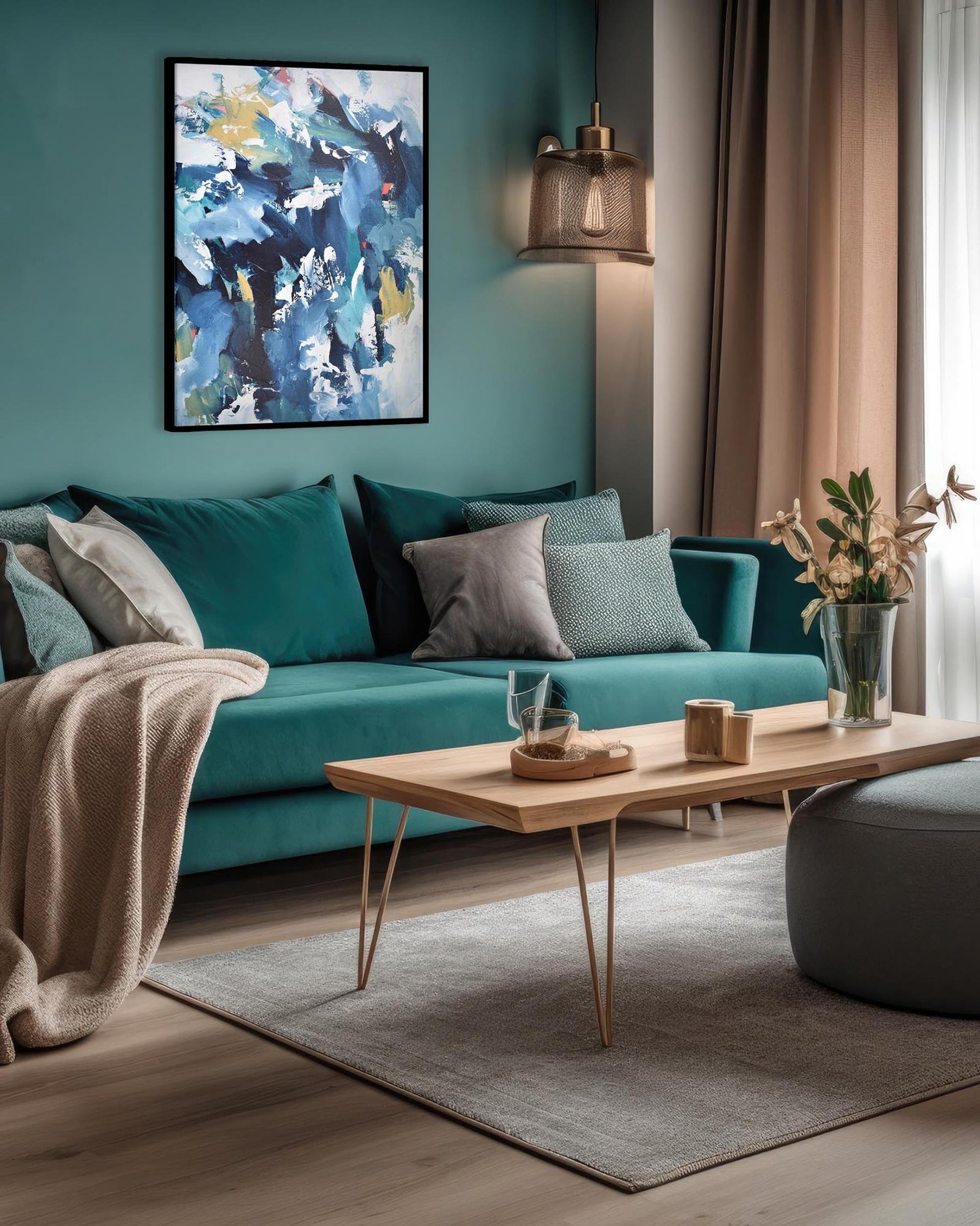 Modern living room with teal sofa, wooden coffee table, and abstract art on wall.