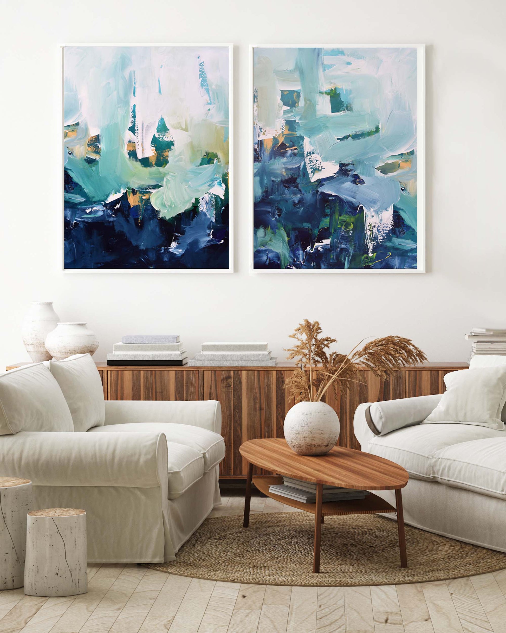 Living room with abstract art and beige furniture