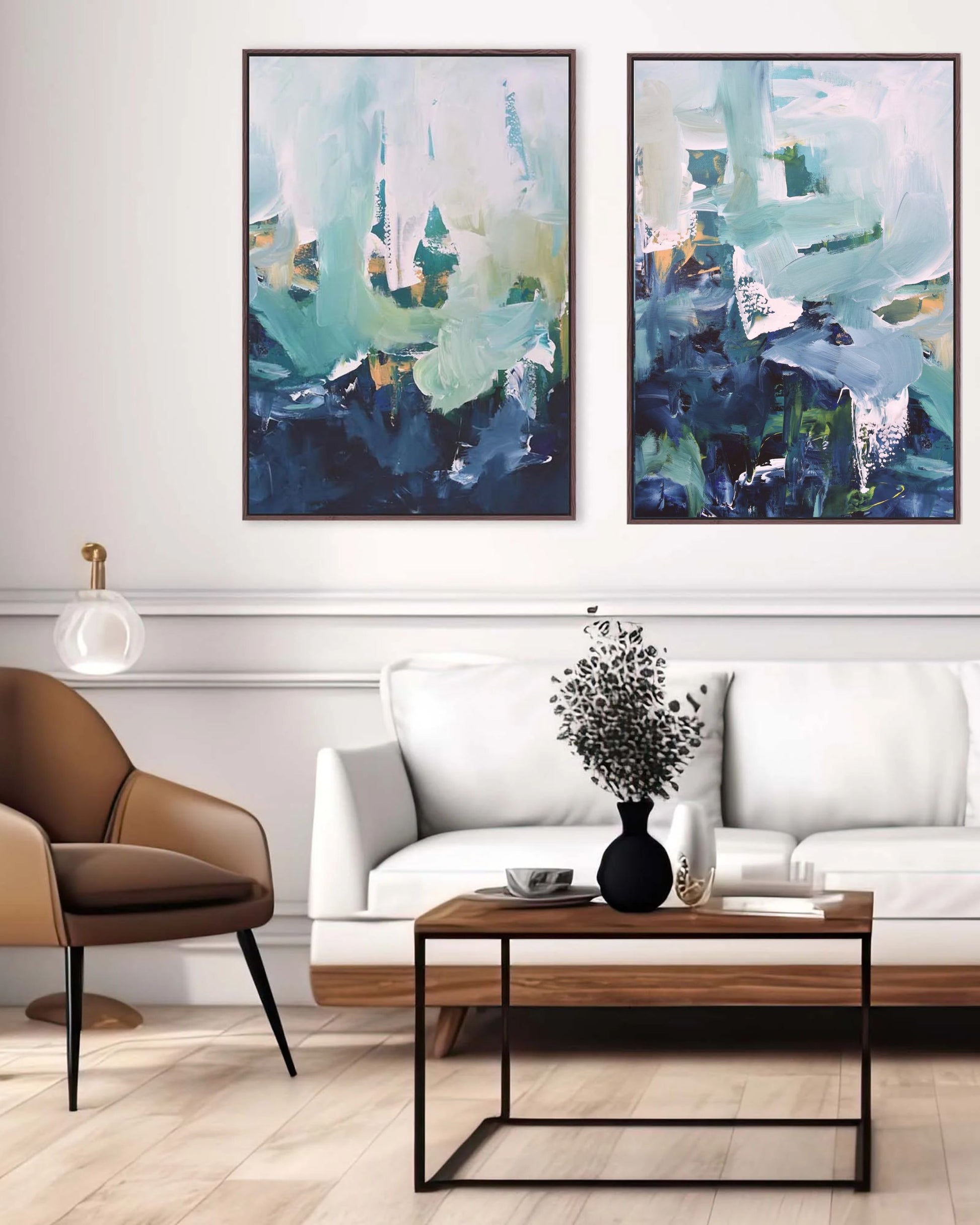 Contemporary modern blue and teal abstract set of 2 wall art prints on canvas with bold brushstrokes,  perfect wall art for contemporary living room interiors.