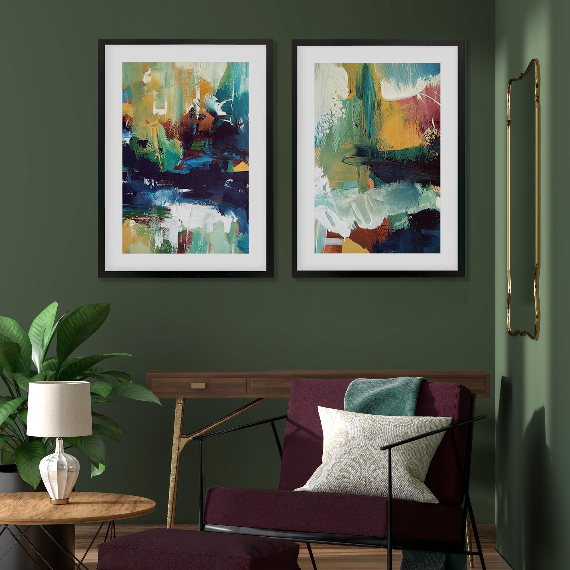 Vibrant Abstracts In Teal And Gold - Print Set Of 2-Abstract House