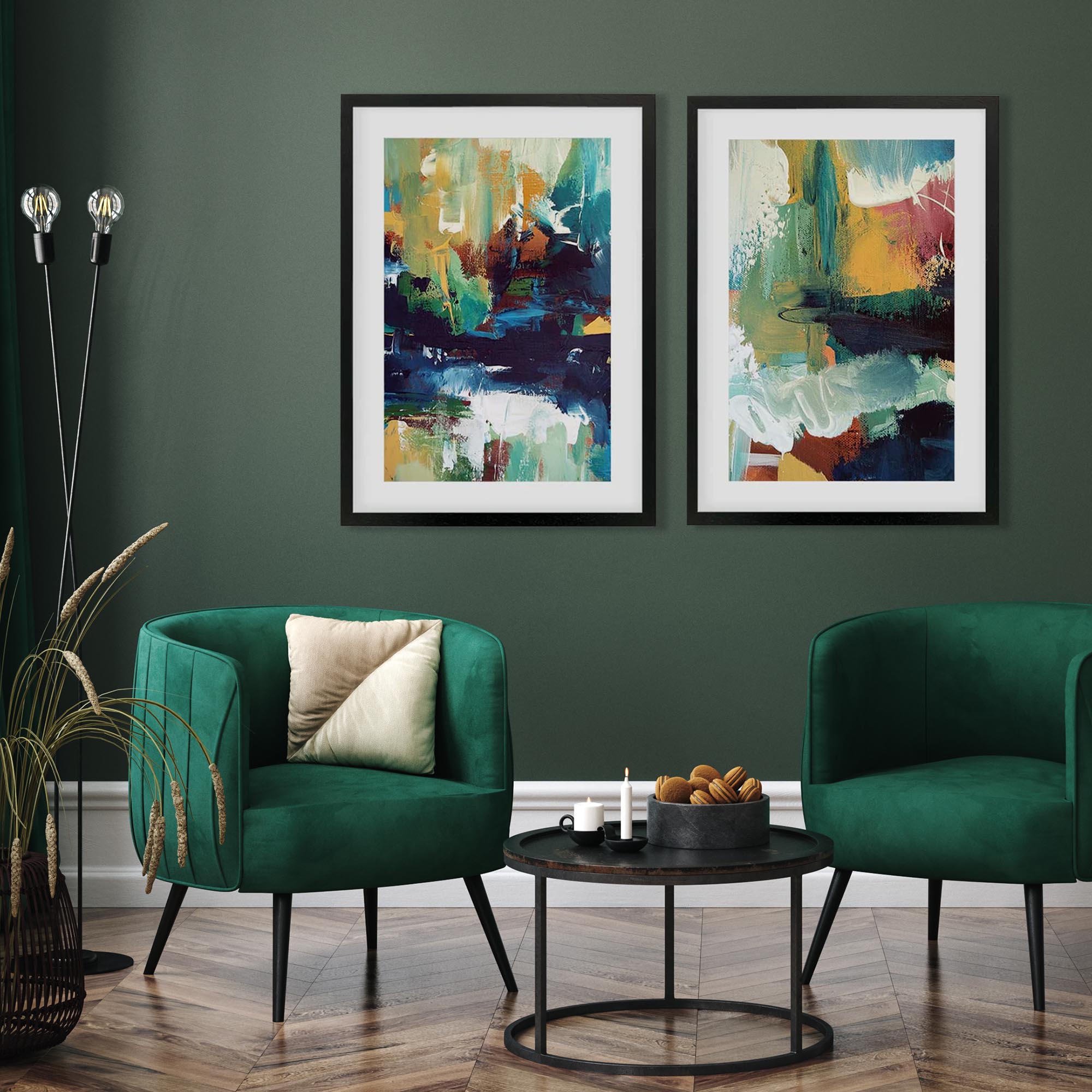 Vibrant Abstracts In Teal And Gold - Print Set Of 2