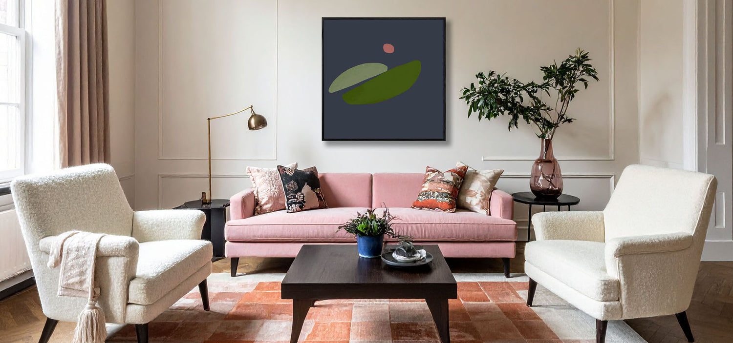 modern contemporary victorian living room with blush bespoke sofa and large geometric wall art framed
