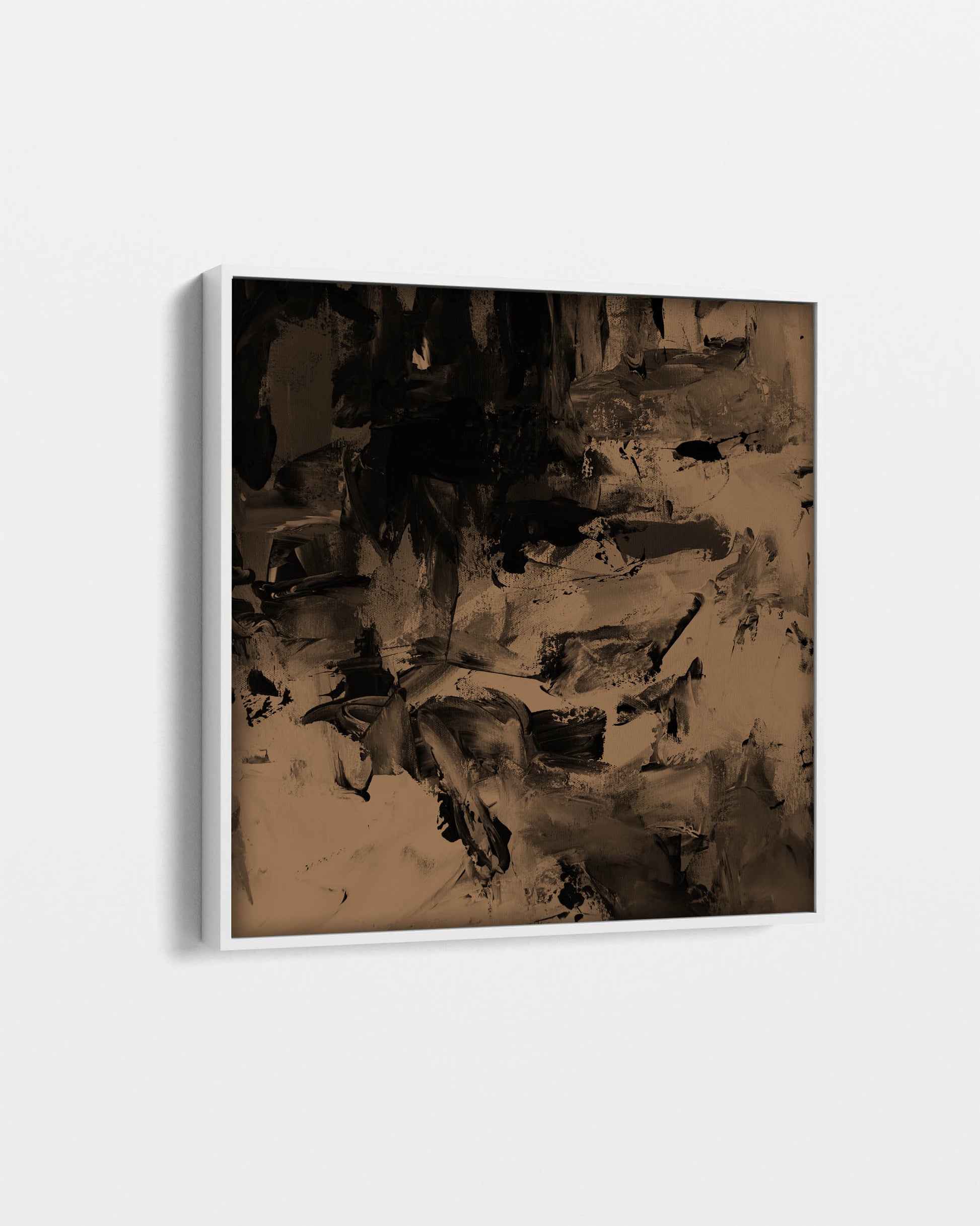 brown japandi abstract canvas pairnting in white floating frame