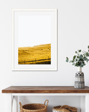 Framed landscape print on a wall above a wooden table with a vase and plants.