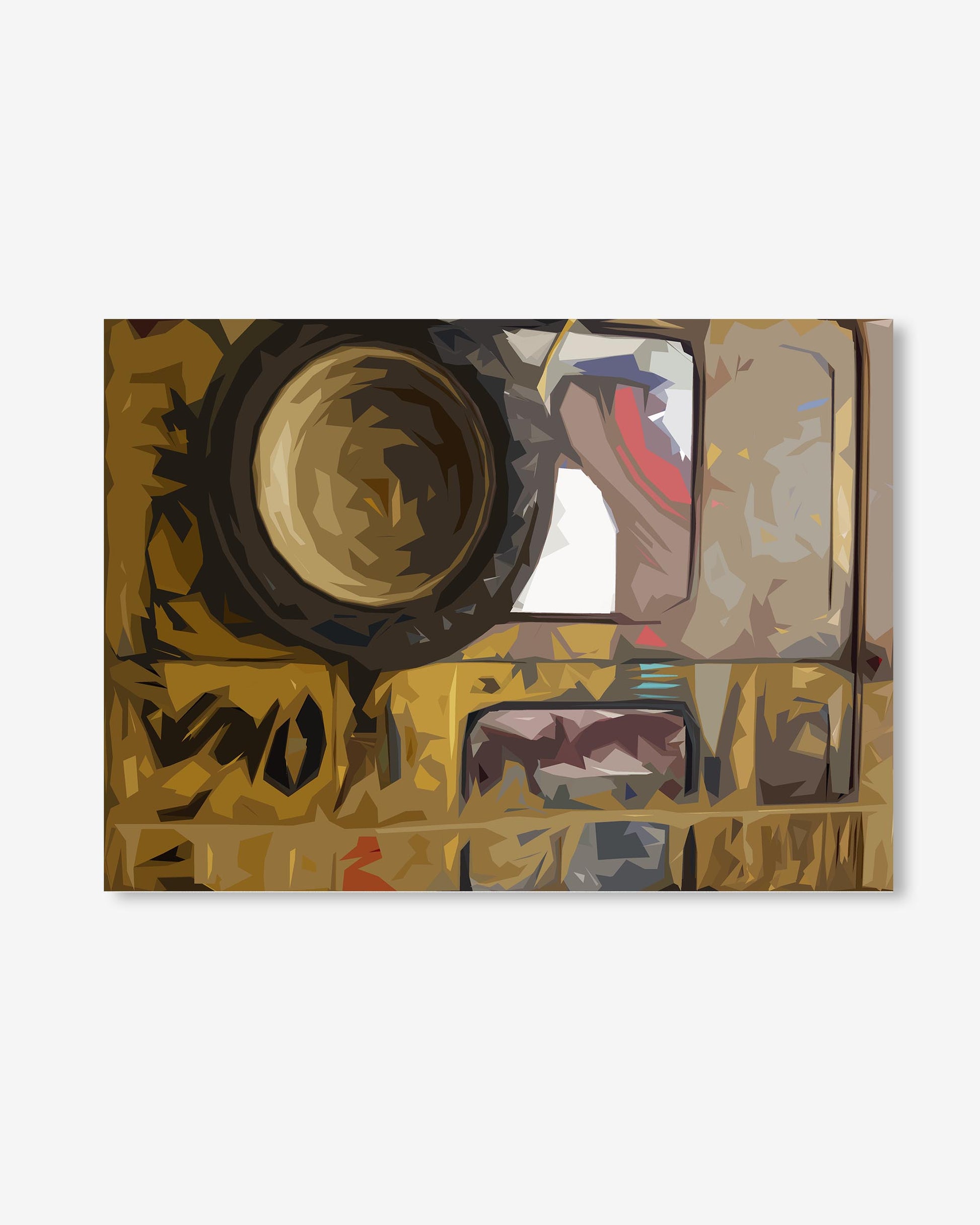 Abstract painting with geometric shapes and patterns on a white background