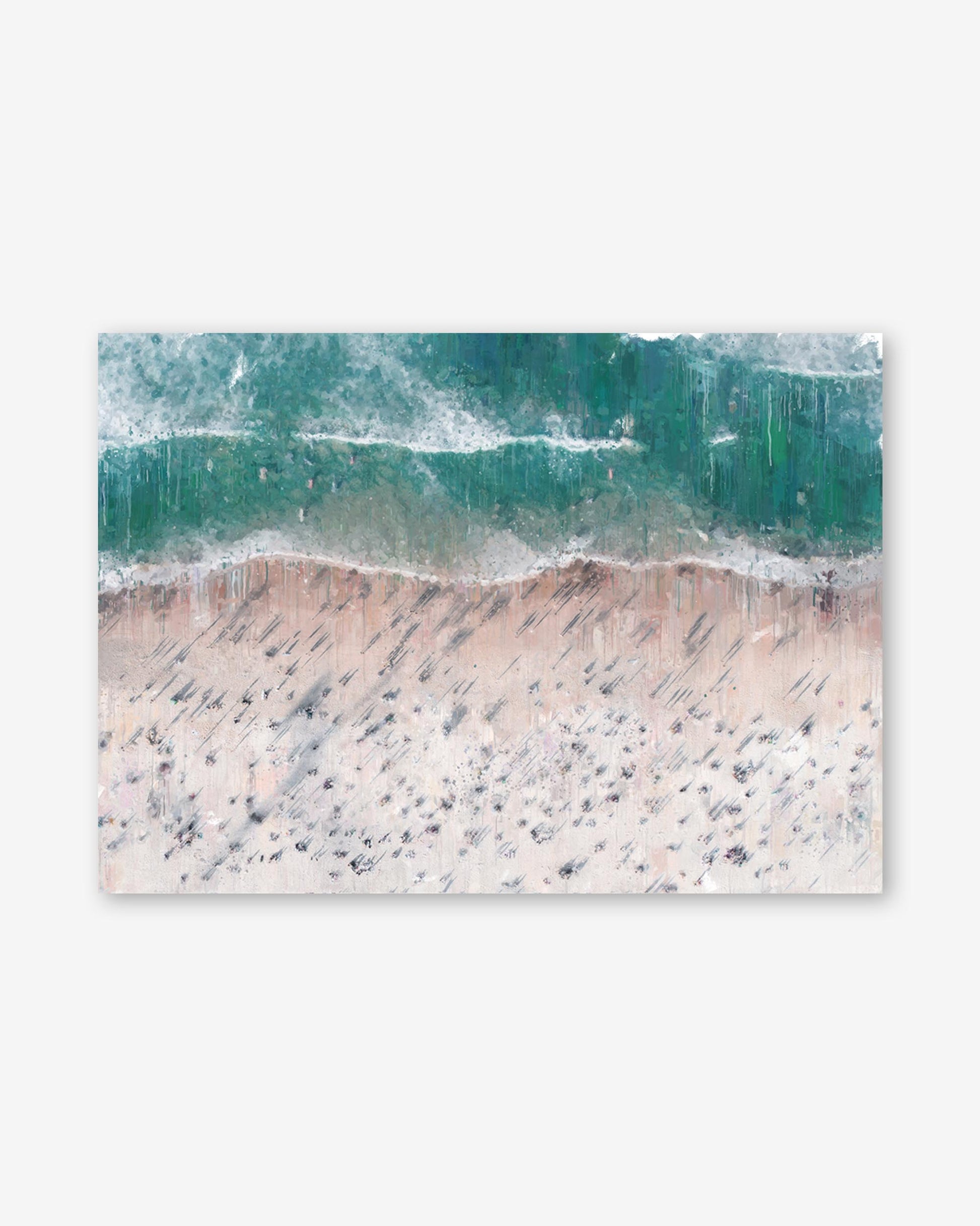 Wave crashing onto a sandy beach with a white background