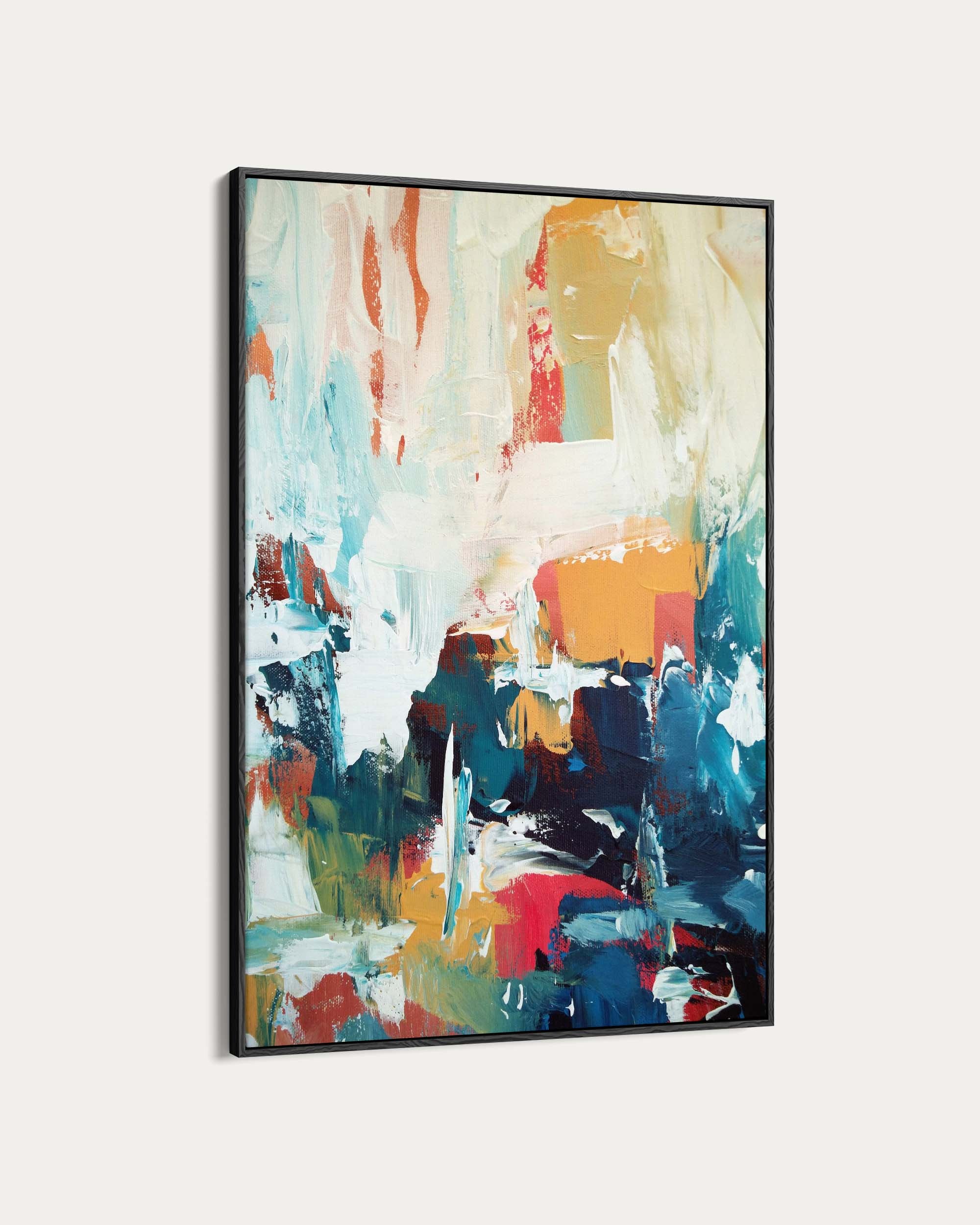 Abstract art painting with colorful brush strokes in a black frame on a white background