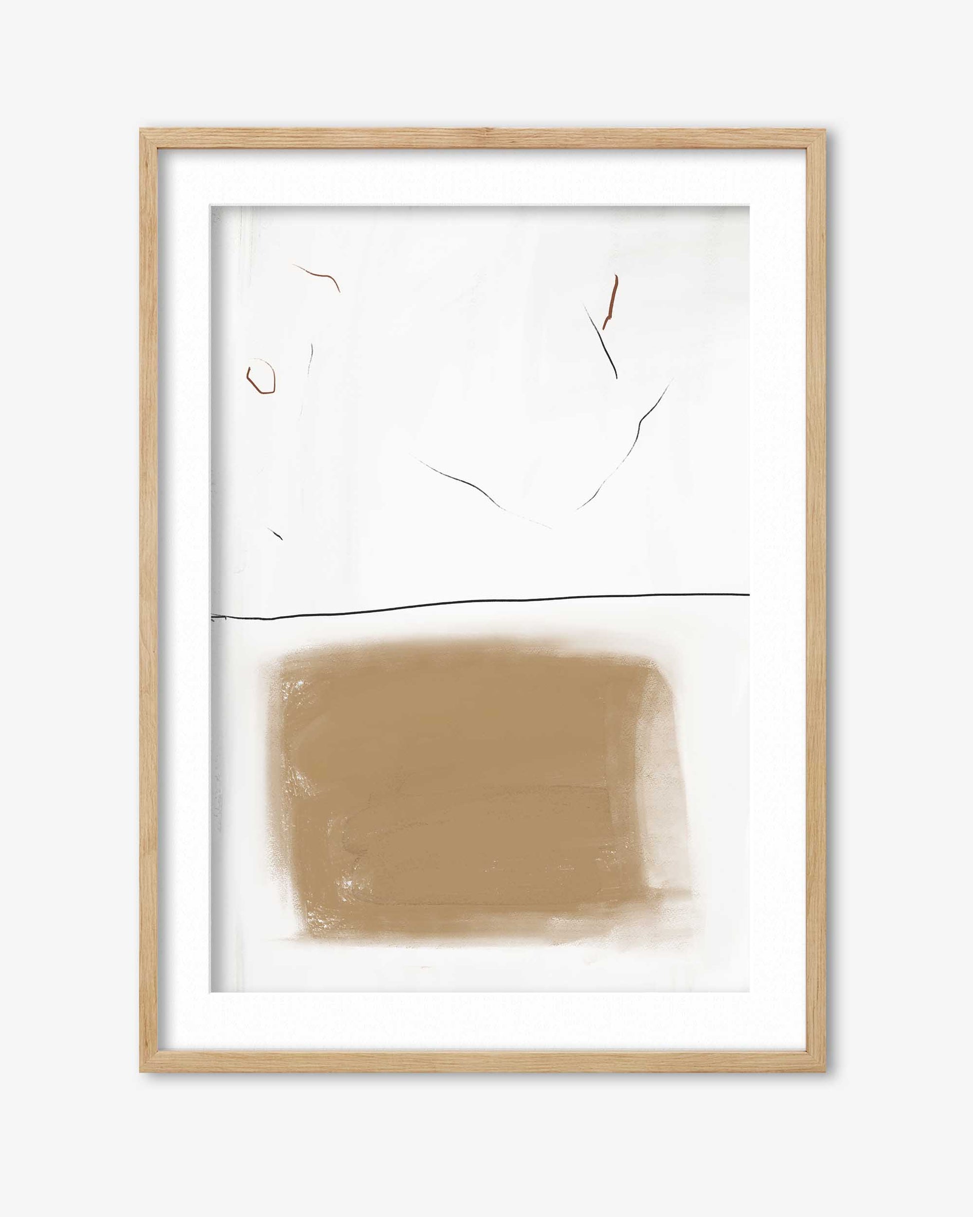 Abstract art print with a brown square and white background, framed in beige.