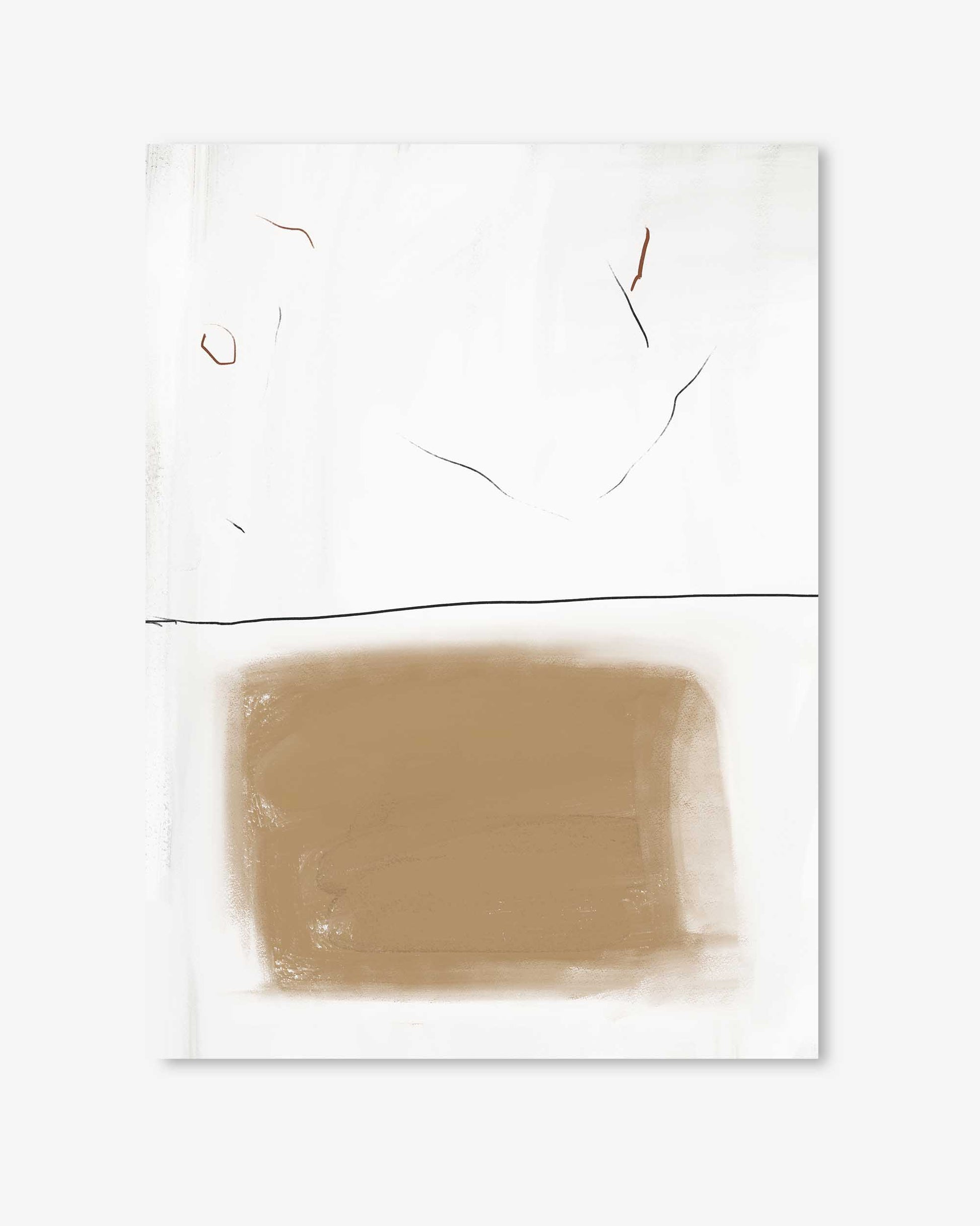 Abstract art piece with a brown square and black line on a white background