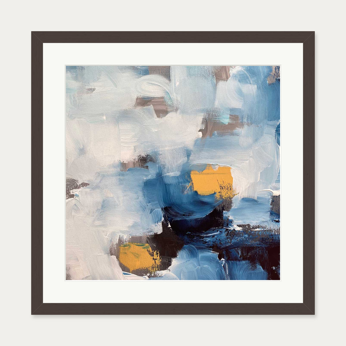 Abstract Blue Ocean Art Print — 50 x 50 cm — Brown Frame