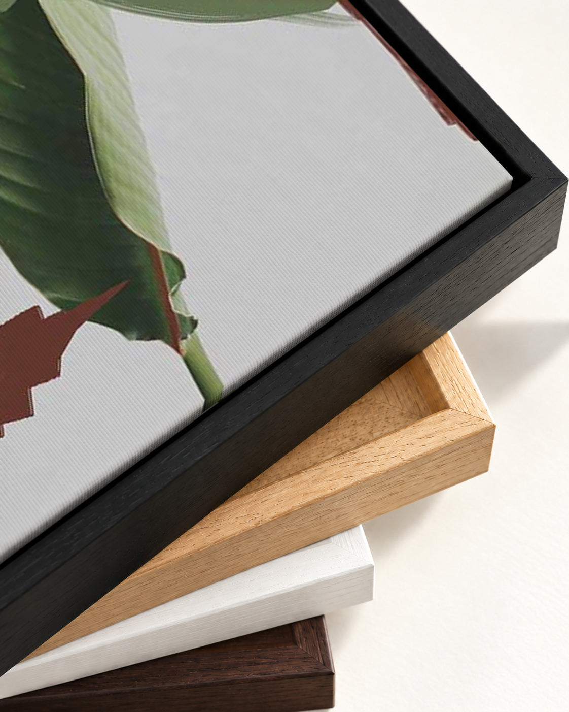 Abstract Botanical Leaves Canvas Art — framed canvas corner and wrapped canvas detail