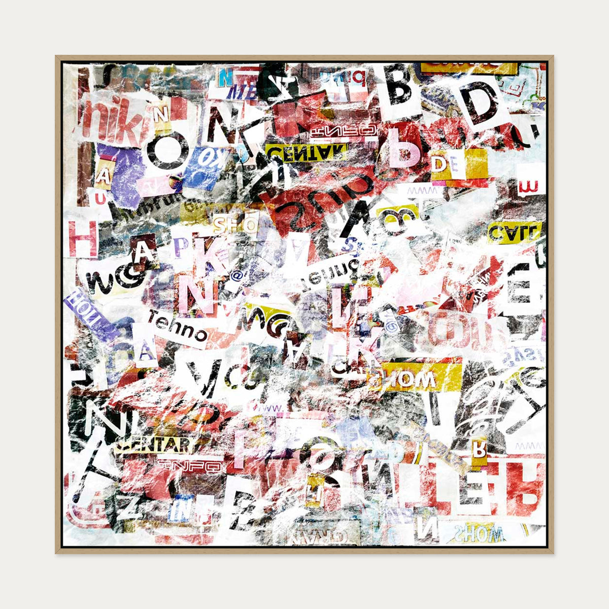 Abstract Collage Canvas Art — 100 x 100 cm — Oak Frame
