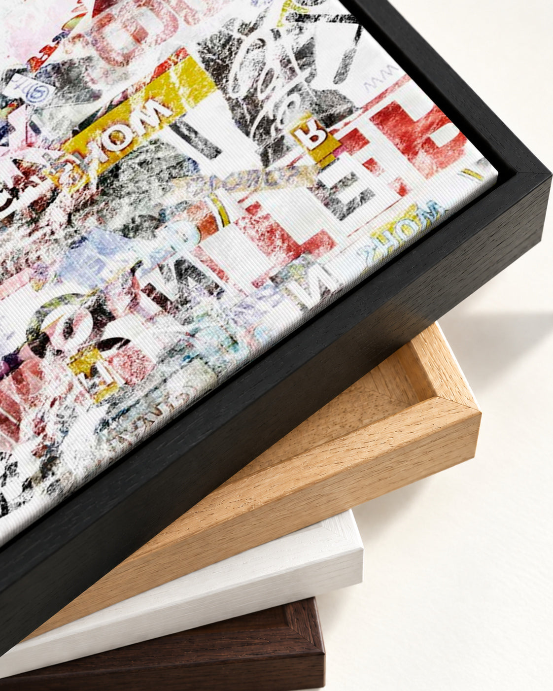 Abstract Collage Canvas Art — framed canvas corner and wrapped canvas detail