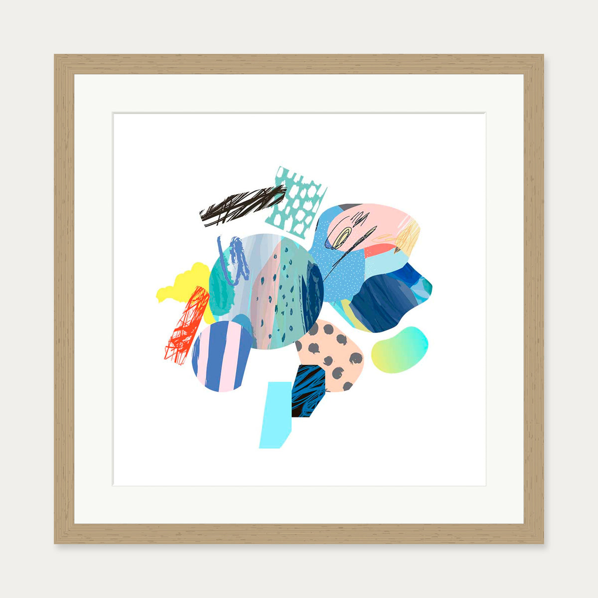 Abstract Colour Shapes Art Print — 50 x 50 cm — Oak Frame