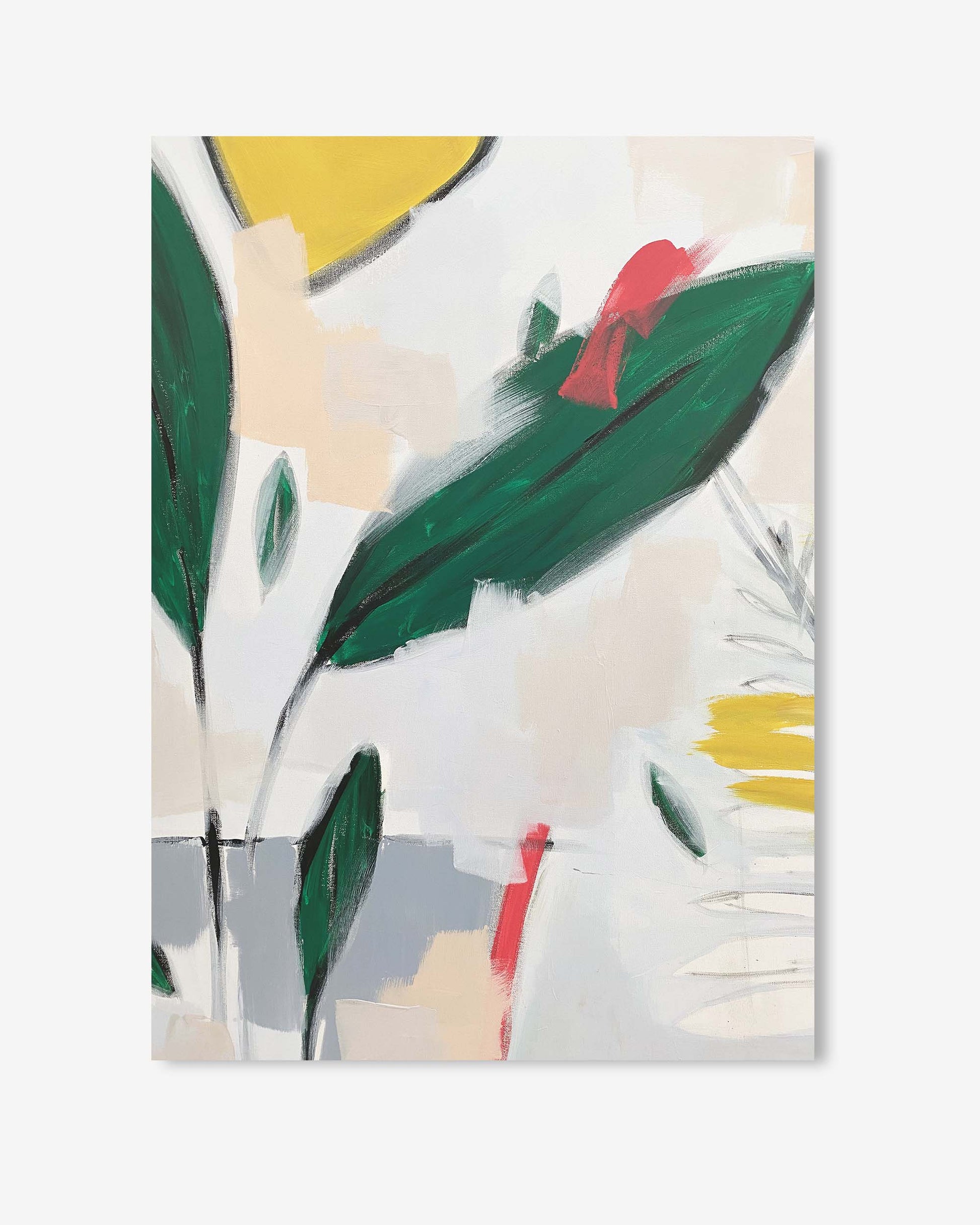 Abstract art print with colorful leaves on a light background