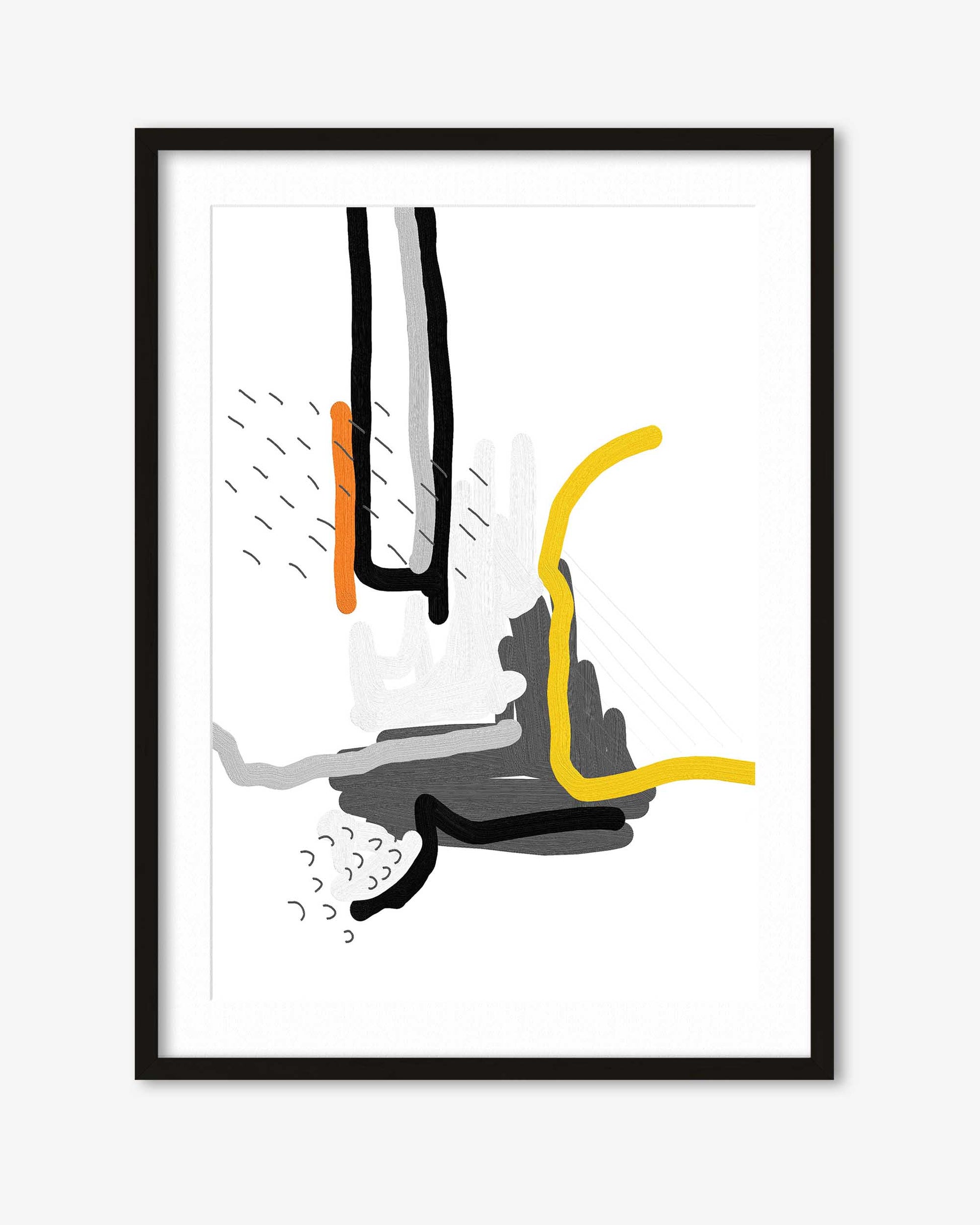 Abstract art print with black, yellow, and gray lines on a white background