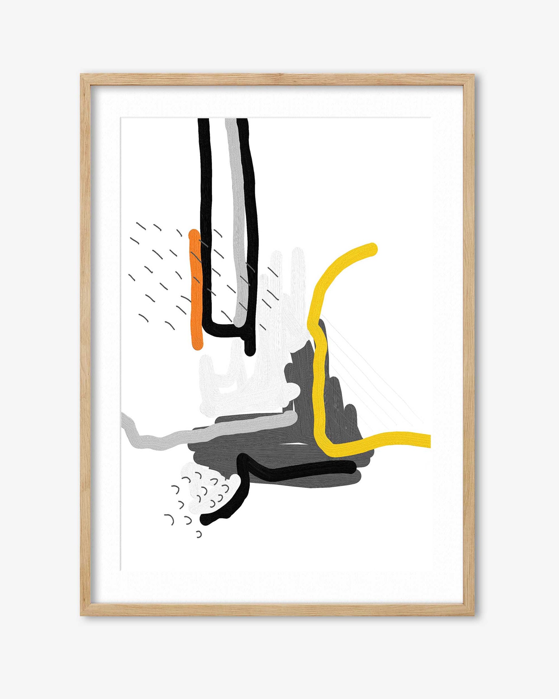 Abstract art print with black, yellow, and orange lines in a wooden frame on a white background