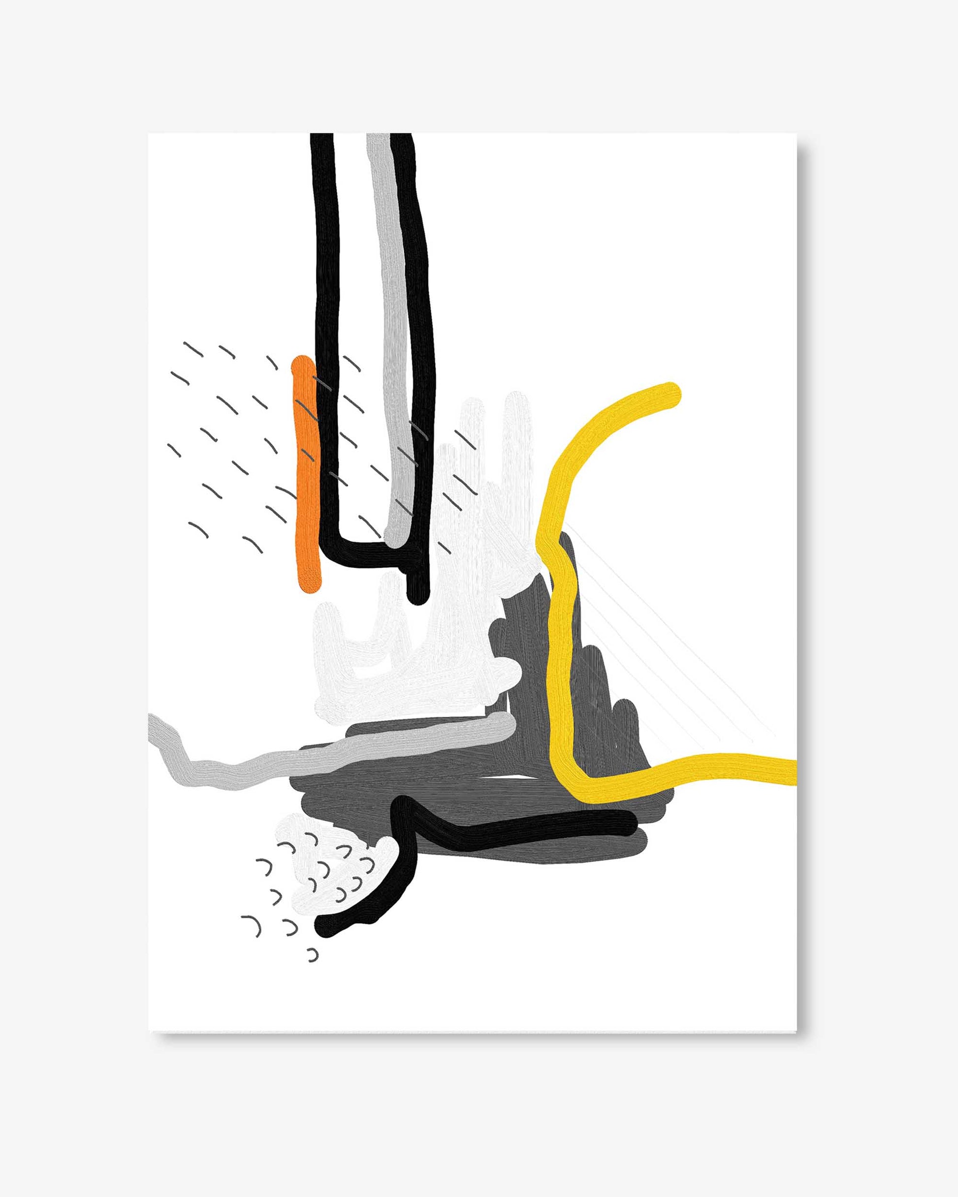 Abstract art print with black, yellow, and gray lines on a white background