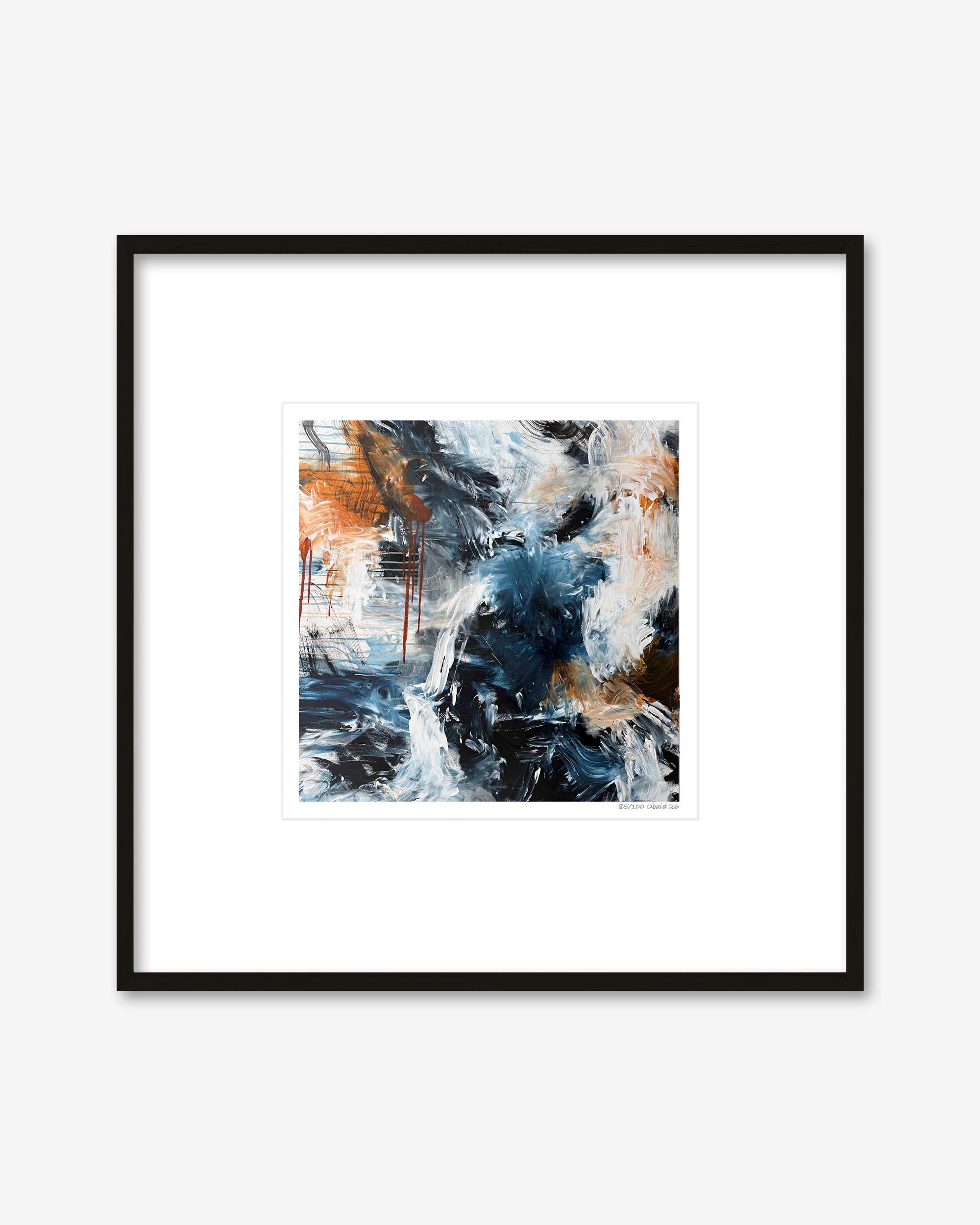 Framed abstract art print with black, white, and orange colors on a white background