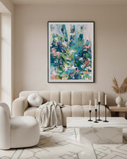 extra large modern abstract flower pink and green multicolour wall art framed in beige scandinavian living room, painted in pantone cloud dancer neutral paint with marble coffee table