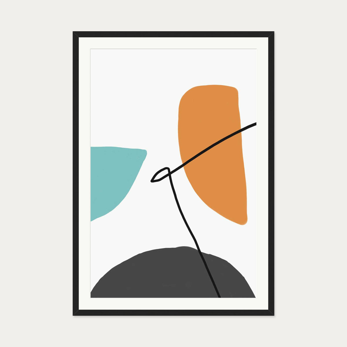 Abstract Line Orange Teal Grey Art Print — 70 x 100 cm — Black Frame