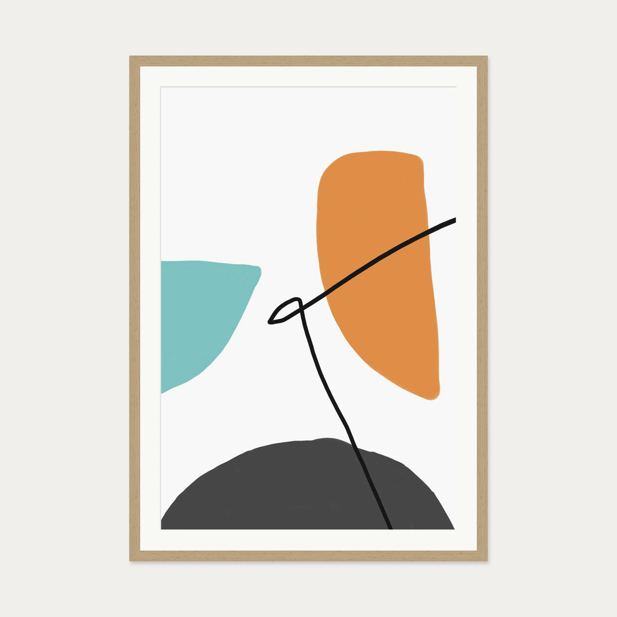 Abstract Line Orange Teal Grey Art Print — 70 x 100 cm — Oak Frame