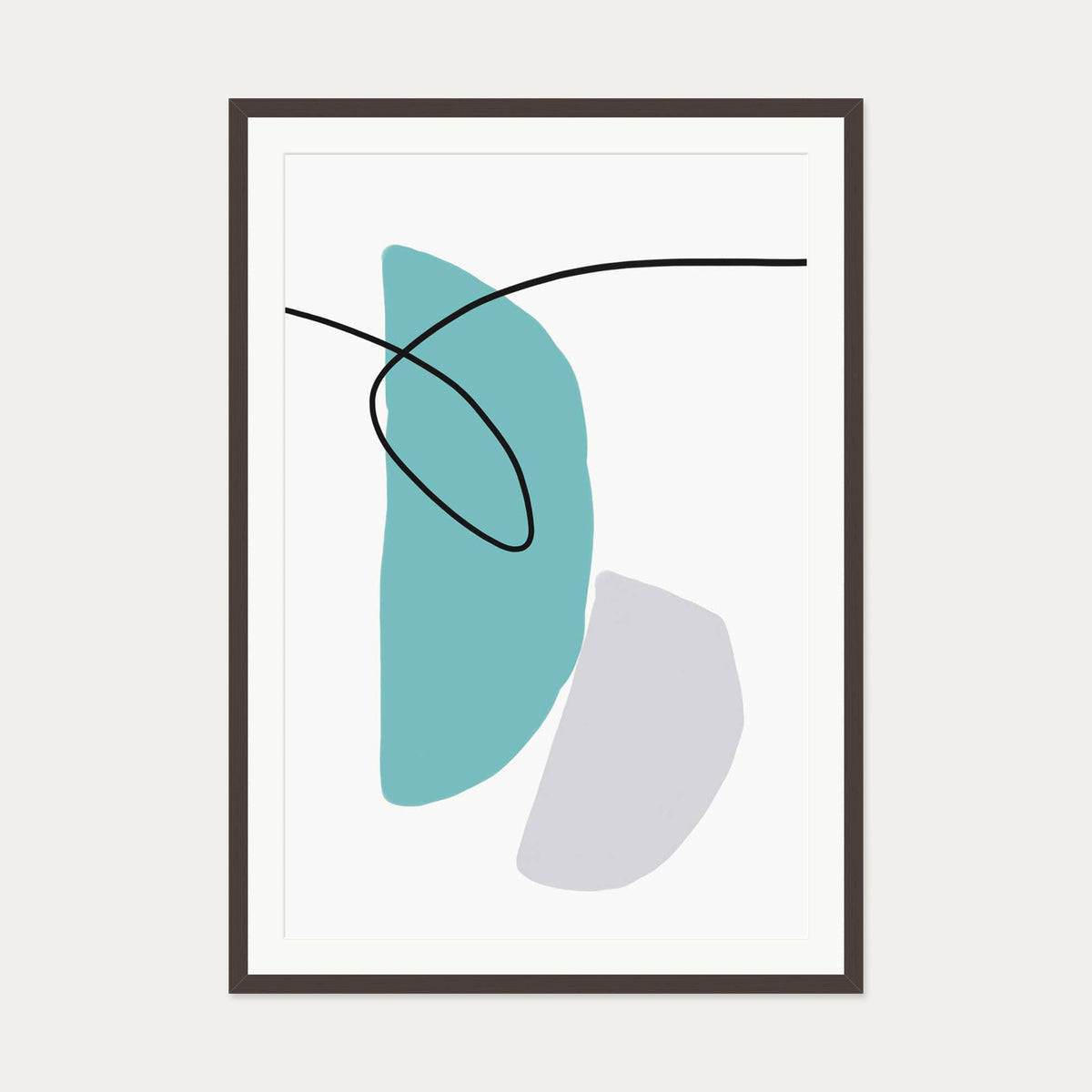 Abstract Line Teal Grey Art Print — 70 x 100 cm — Brown Frame