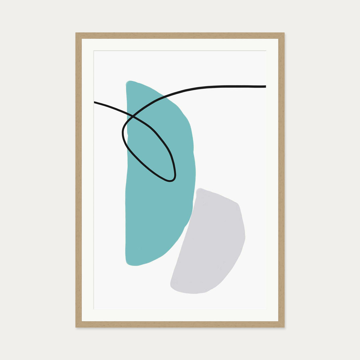 Abstract Line Teal Grey Art Print — 70 x 100 cm — Oak Frame