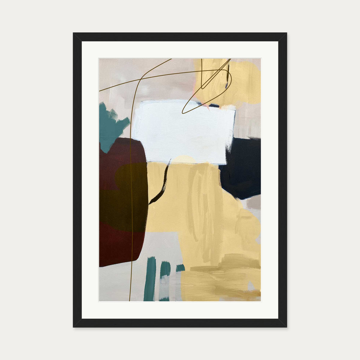 Abstract Ochre Shapes Art Print — 50 x 70 cm — Black Frame