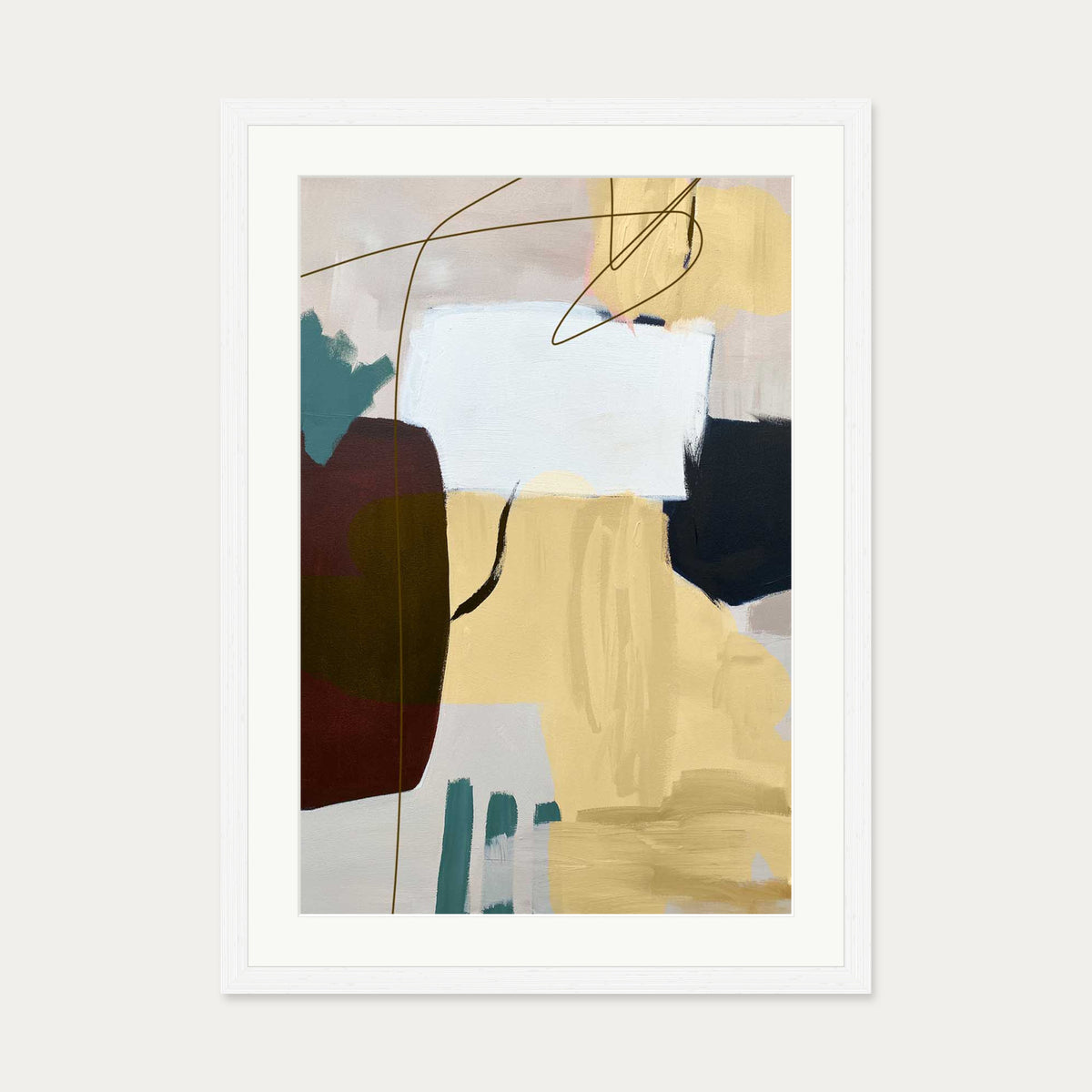 Abstract Ochre Shapes Art Print — 50 x 70 cm — White Frame